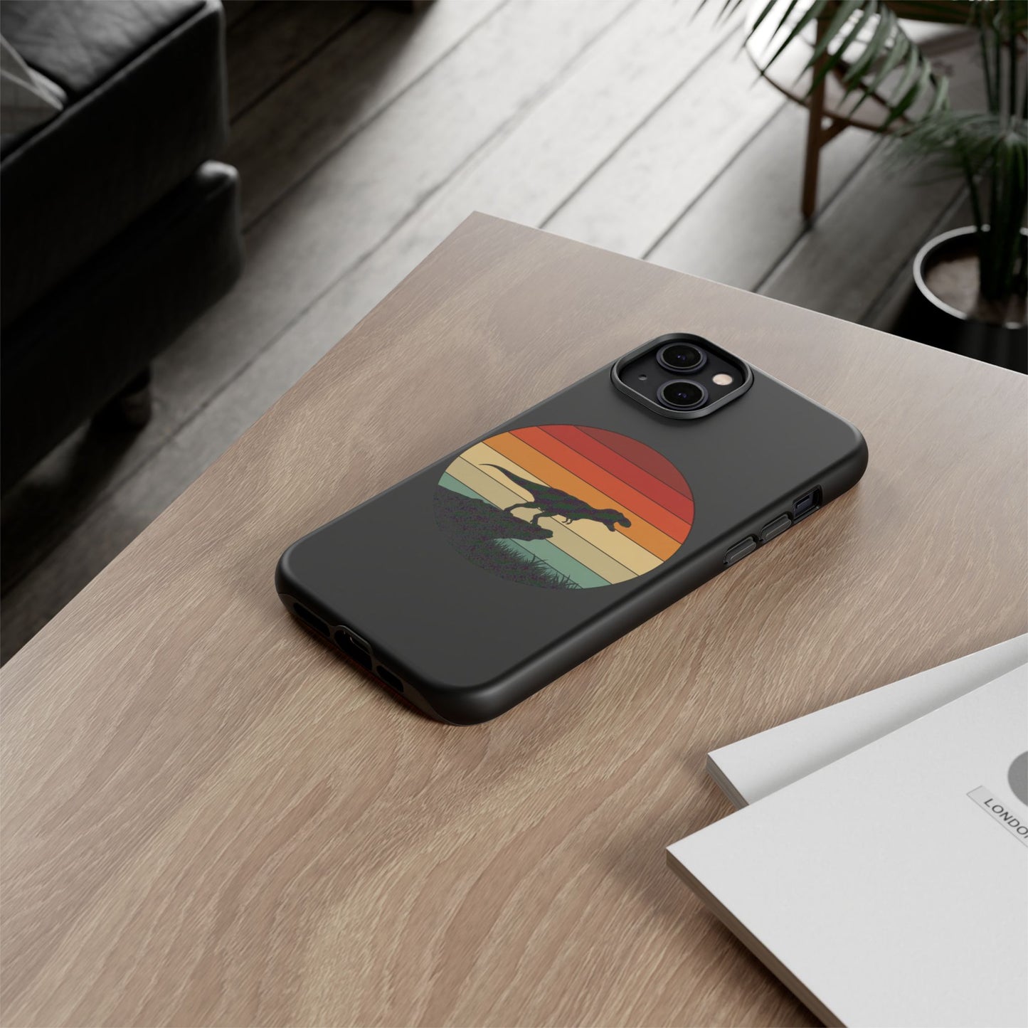 Retro Sunset Dinosaur iPhone Case | T‑Rex Silhouette Vintage Phone Cover for iPhone 14/15/16 Pro | Aesthetic Dinosaur Gift