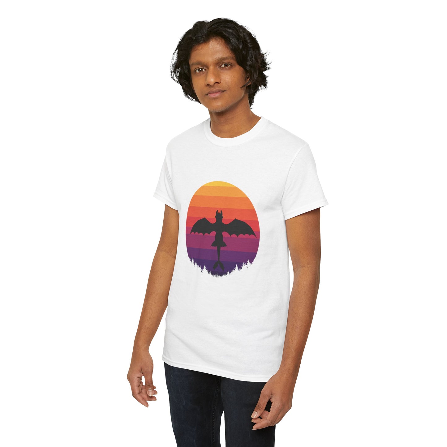 Night Dragon Sunset T-Shirt | Retro Dragon Silhouette Tee | Fantasy Dragon Shirt | Unisex Graphic Tee | Gift for Dragon Lovers