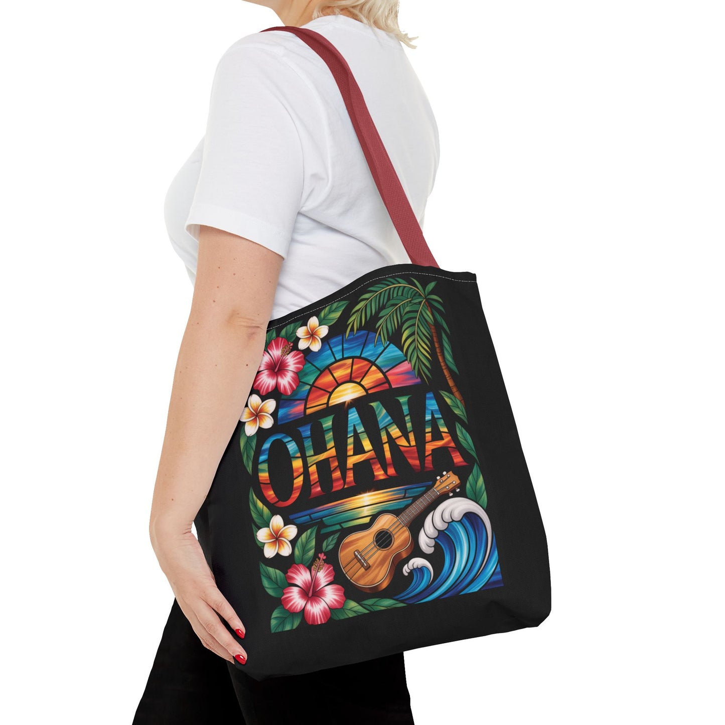 Ohana Tote Bag – Hawaiian Tropical Beach Bag with Ukulele, Sunset & Hibiscus Flowers, Island Gift for Women, Aloha Family Vibes