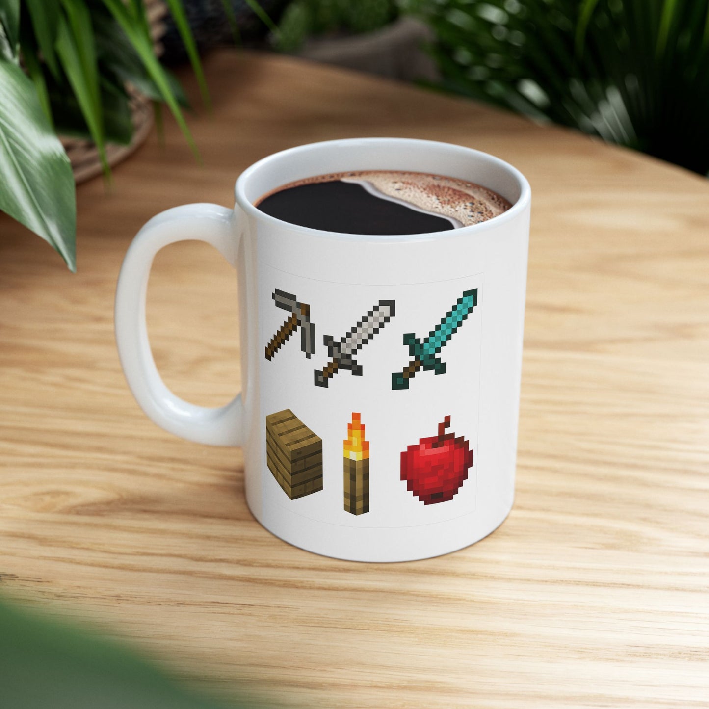 Pixel Survival Gamer Mug – Block Builder Adventure Coffee Cup with 8-Bit Tools, Swords, Torch & Apple | Funny Gaming Gift for Fans