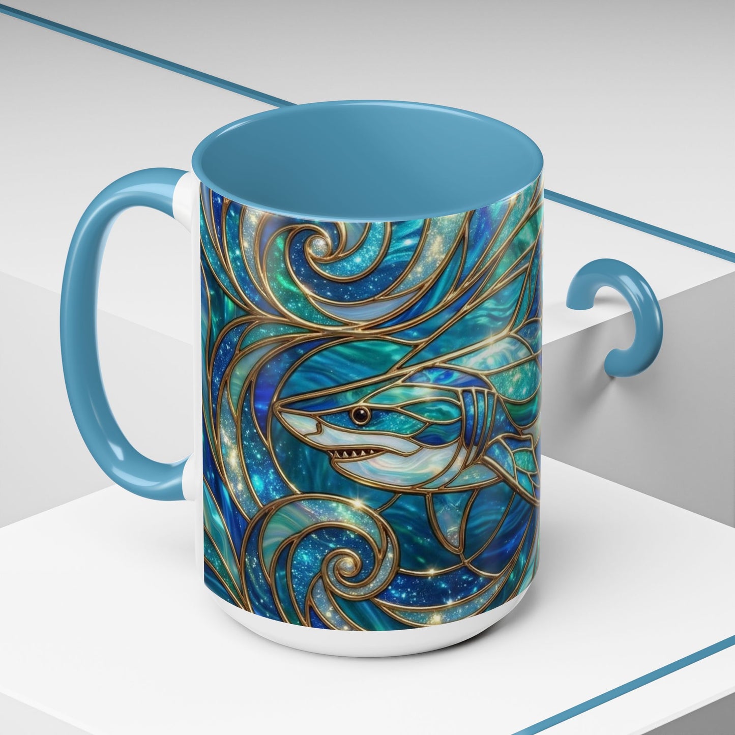 Stained Glass Shark Mug, Ocean Art Coffee Cup, Blue Shark Gift, Sea Life Ceramic Mug, Artistic Shark Design, Marine Lover Gift, Unique Ocean Mug