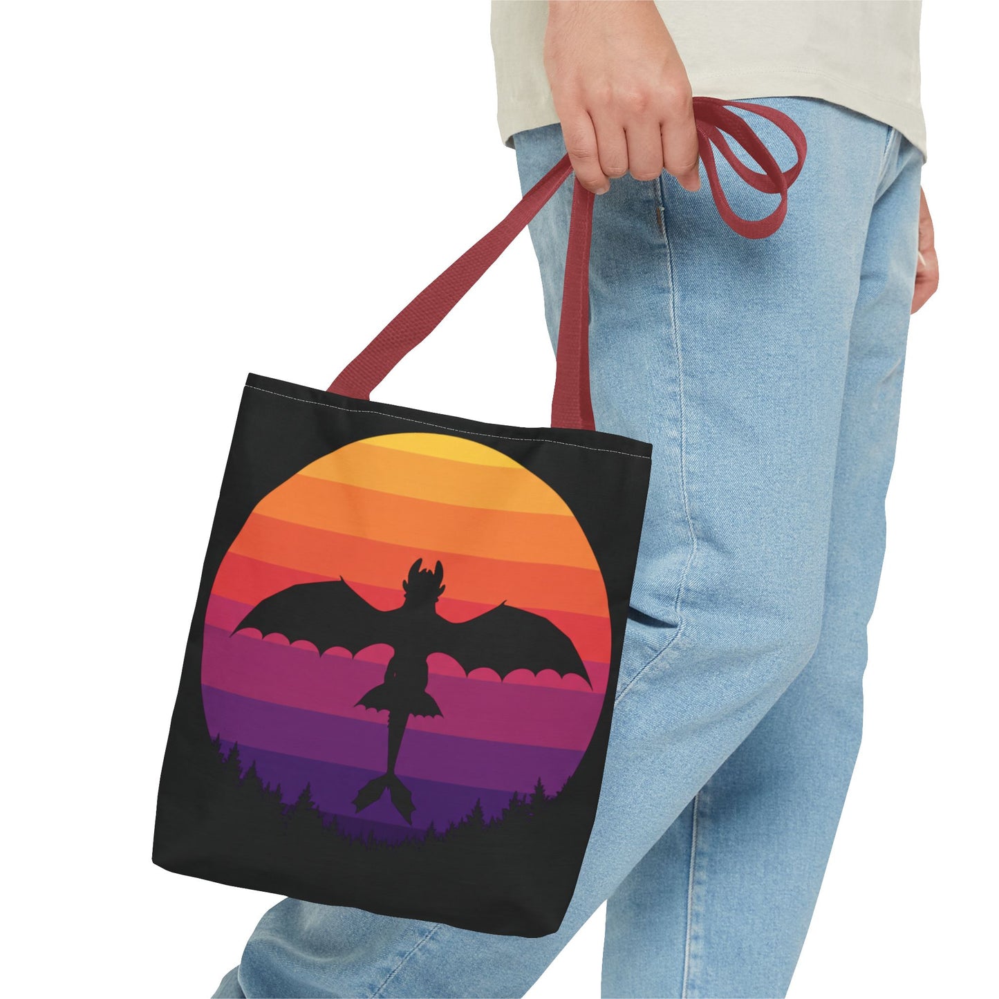 Sunset Dragon Flight Tote Bag, Reusable Eco-Friendly Shoulder Bag With Silhouette Design, Aesthetic Black Tote For Everyday Use And Gifts