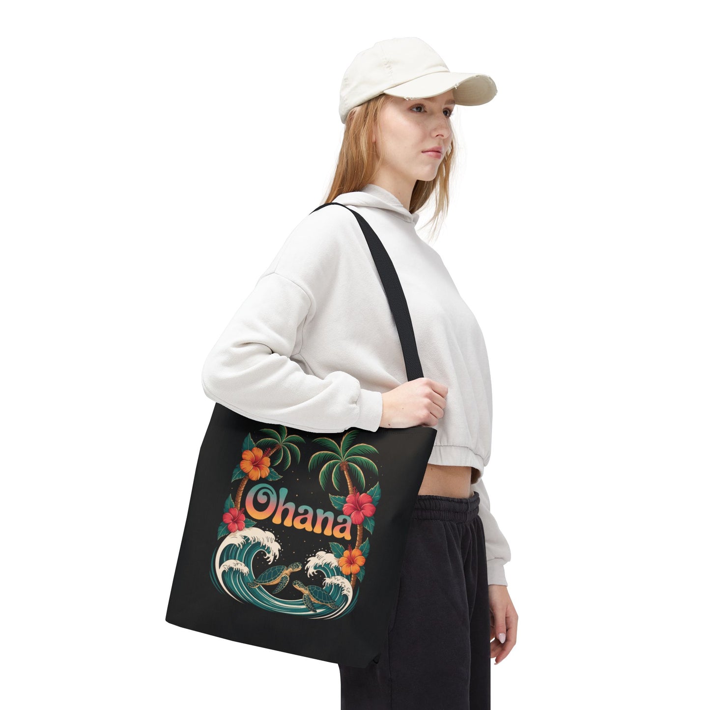 Ohana Tote Bag – Hawaiian Beach Tote with Sea Turtles & Palm Trees – Floral Tropical Reusable Bag, Summer Gift, Aesthetic Travel Purse