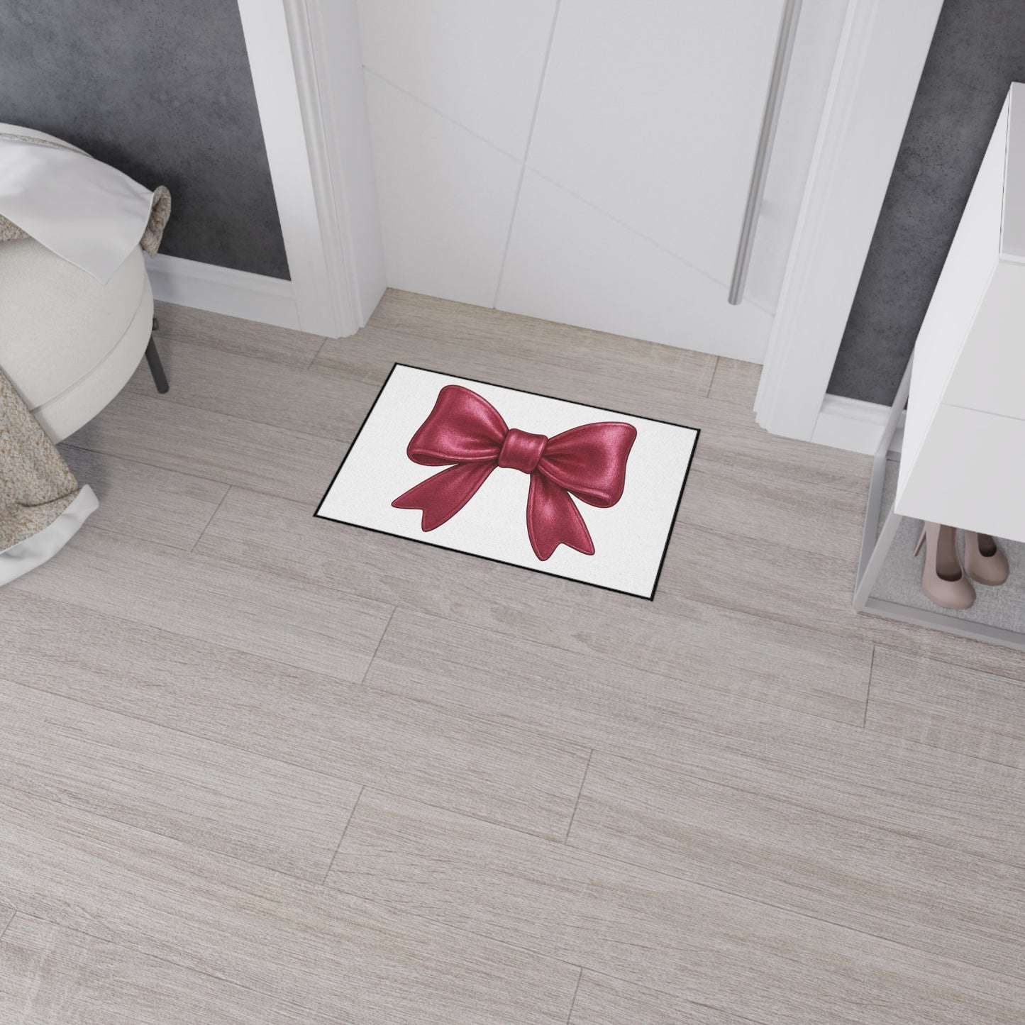 Red Bow Door Mat - Cute Glam Entry Rug, Pink Ribbon Welcome Mat, Girly Home Decor, Holiday Front Door Rug
