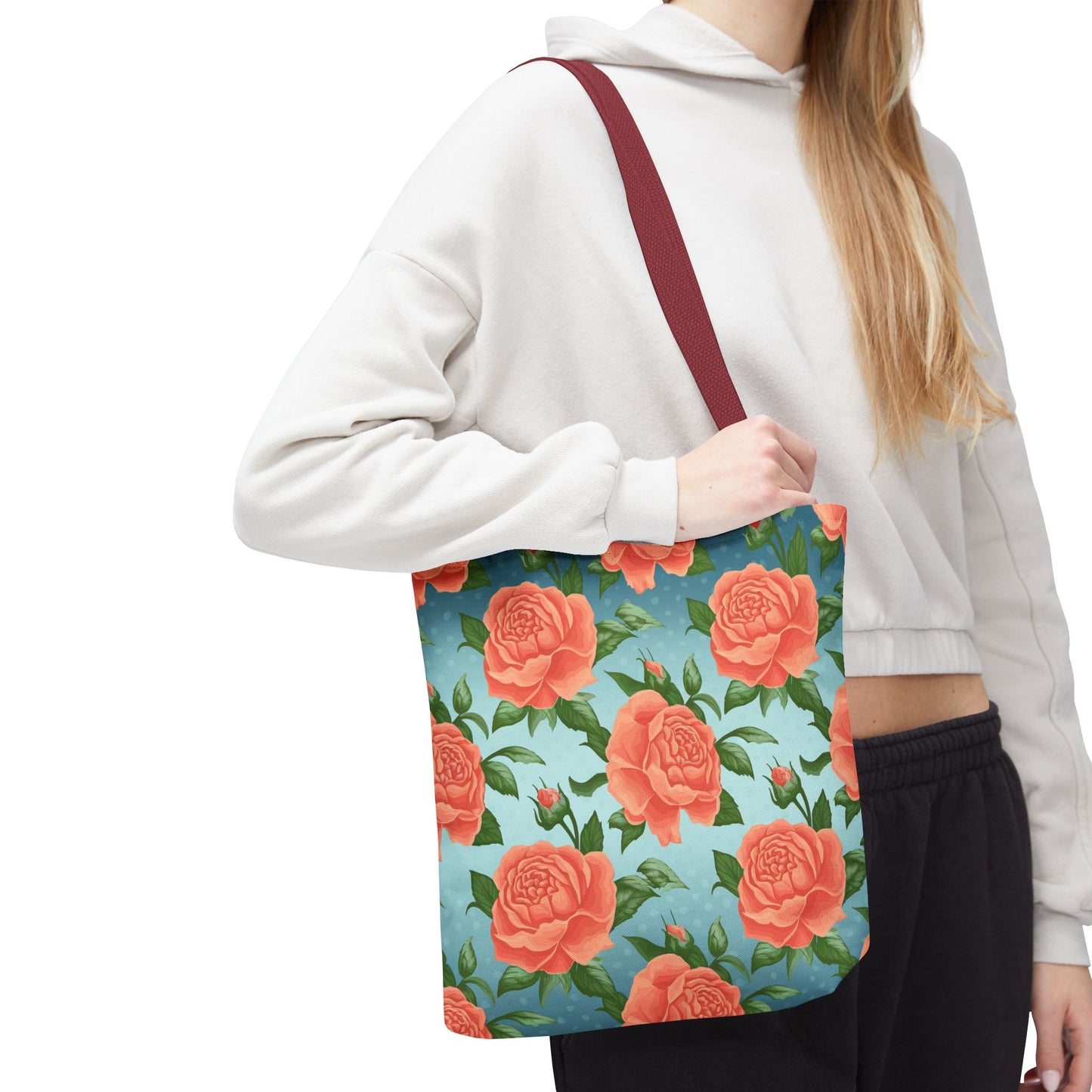 Vintage Floral Tote Bag – Coral Rose Pattern on Blue Background – Aesthetic Everyday Carry Bag – Reusable Fabric Market Tote Gift