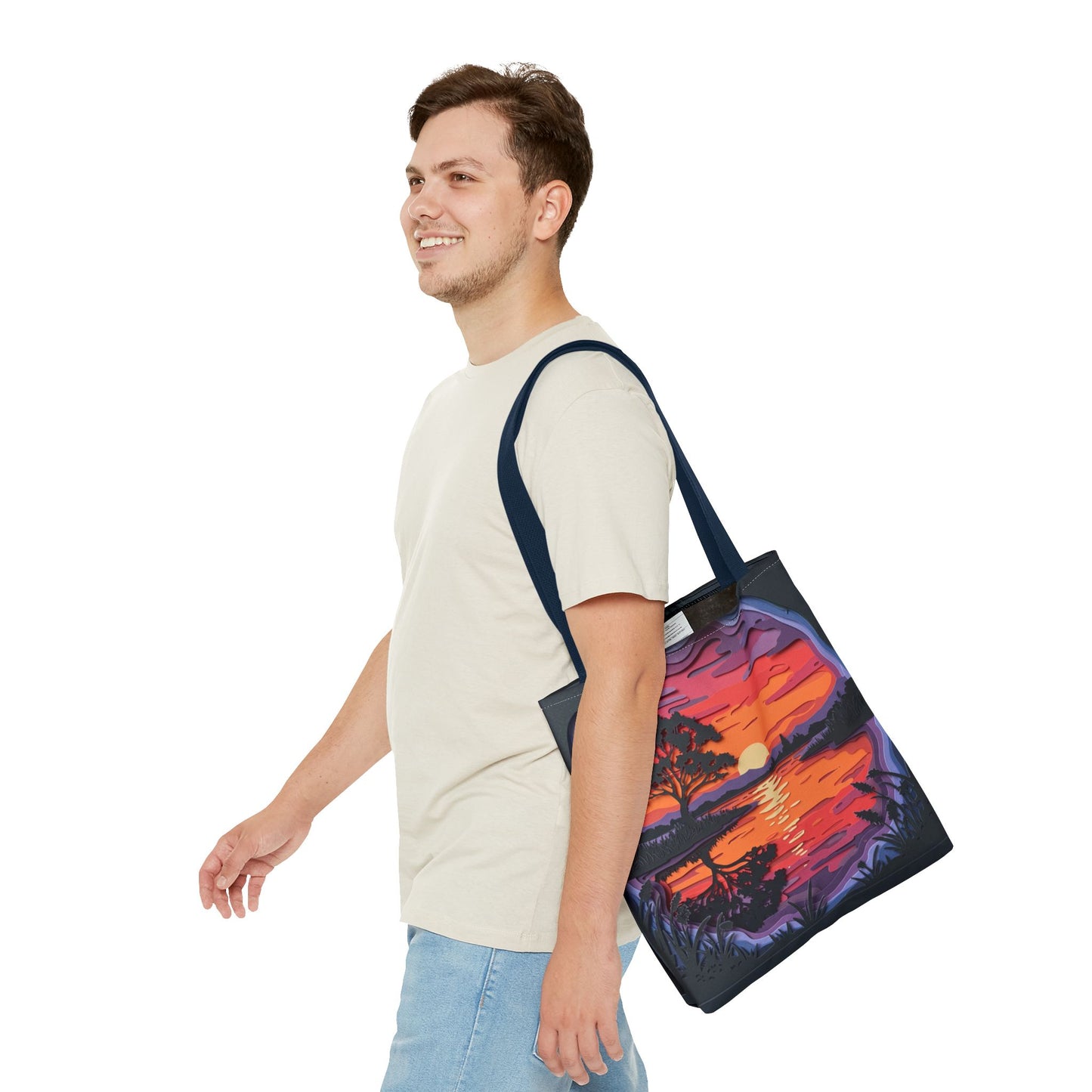 Sunset Landscape Canvas Tote Bag – Paper‑Art Inspired Nature Scene Tote – Colorful Sunset Market Tote, Eco Reusable Beach Bag, Vibrant Gift for Her