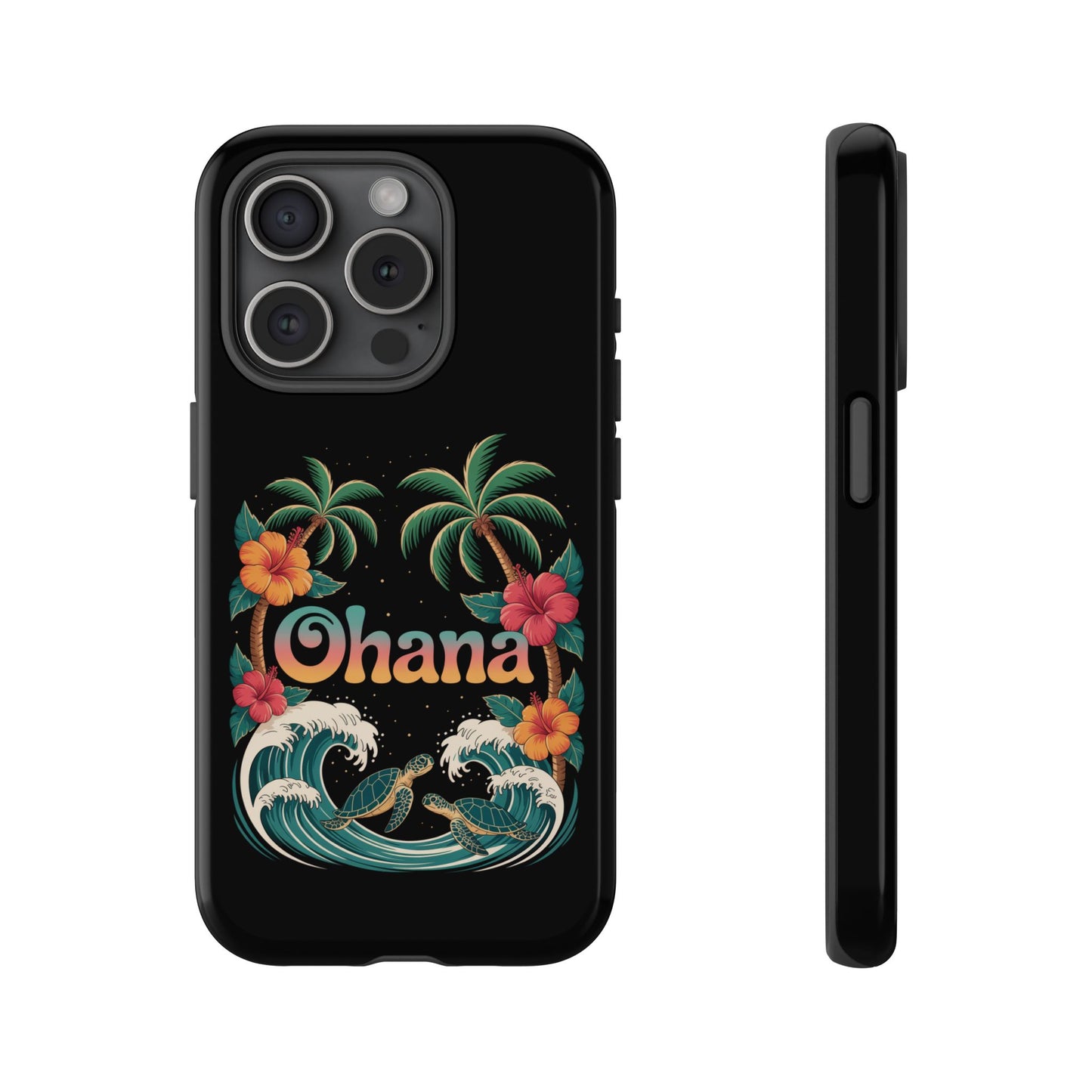 Tropical Ohana iPhone Case - Beach Vibes Cover with Palms, Hibiscus and Turtles - Rugged and Glossy Summer Phone Protector