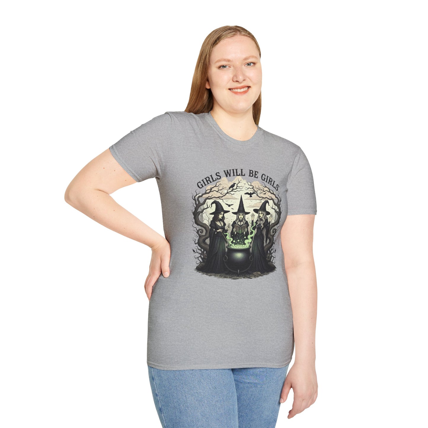 Girls Will Be Girls Witch Tee - Witches Brewing Cauldron Shirt - Halloween Witchy Vintage Feminist Spooky Gift for Women