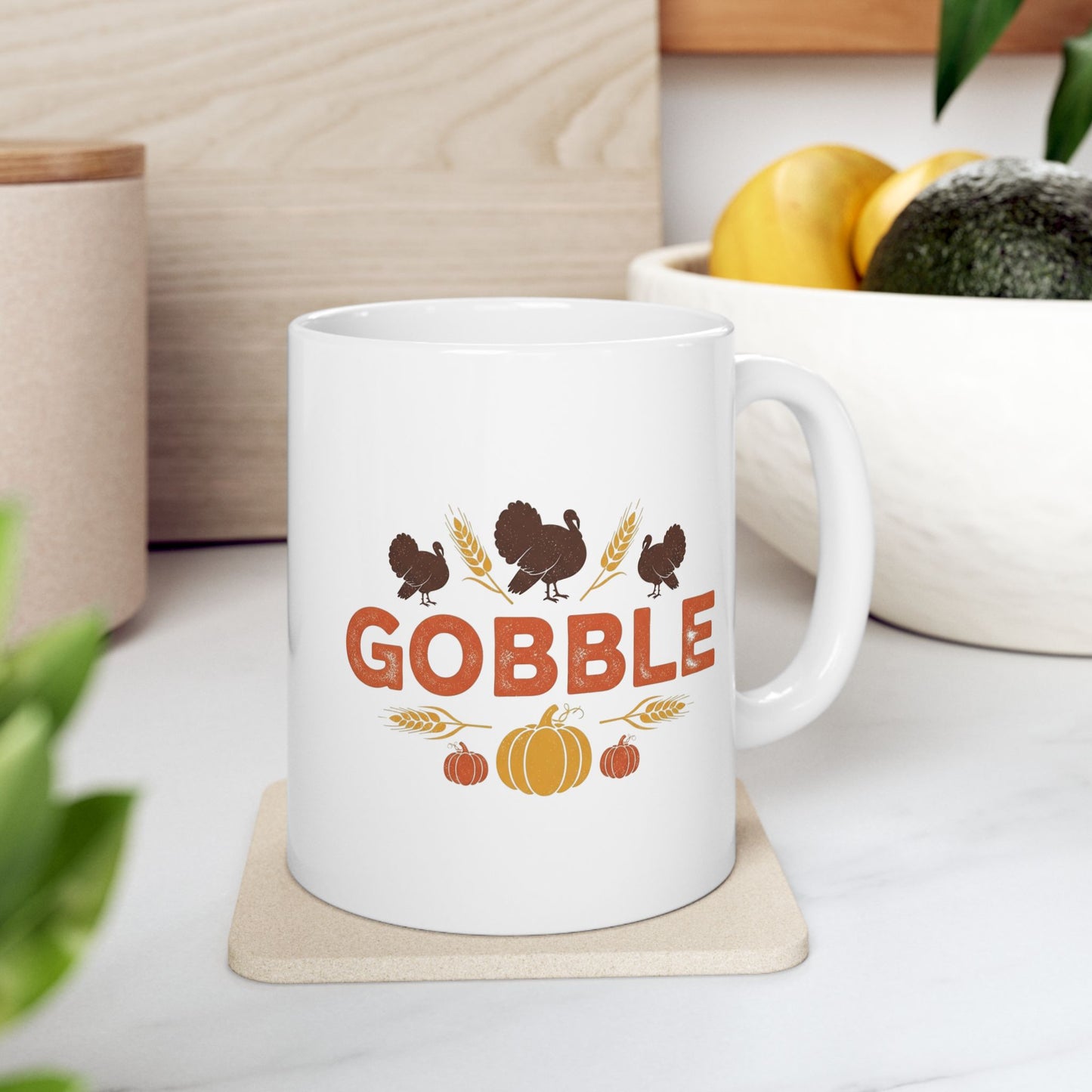 Gobble Thanksgiving Mug, Fall Turkey Coffee Cup With Pumpkins And Harvest Design, Festive Autumn Ceramic Mug For Holiday Decor And Gifts