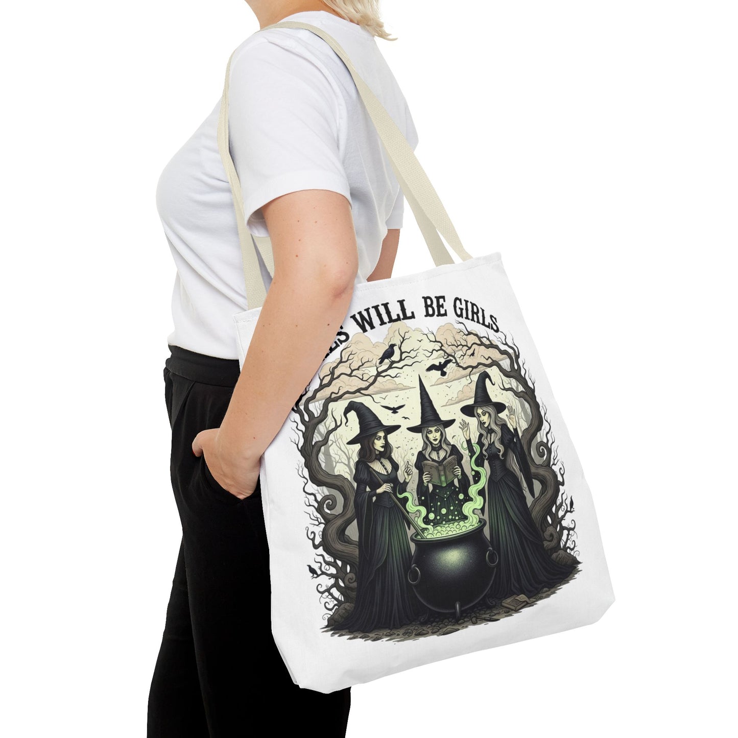 Girls Will Be Girls Halloween Tote Bag, Witchy Aesthetic Bag, Gothic Witches Cauldron Art, Spooky Gift, Reusable Eco Tote For Halloween Lovers