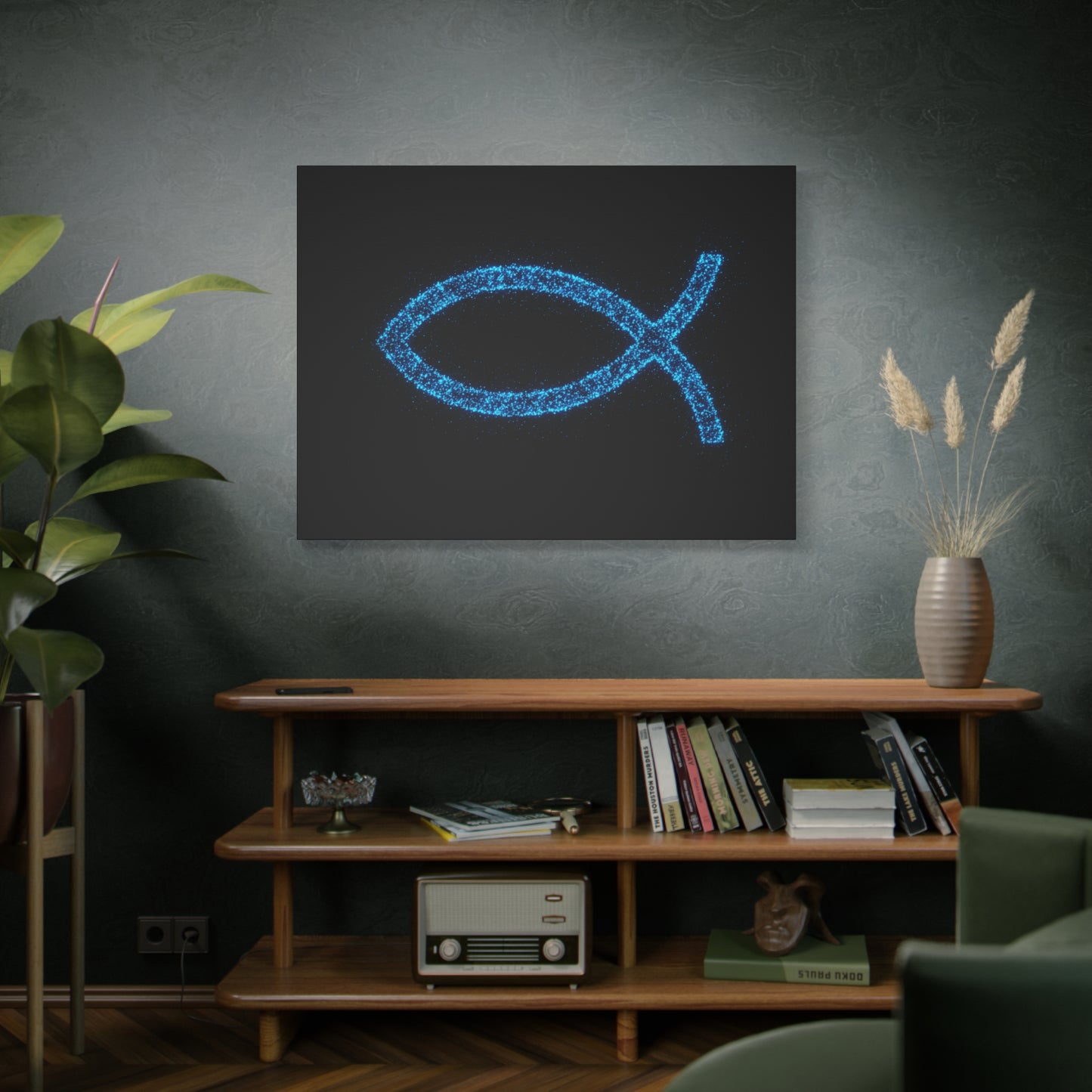 Blue Glitter Fish Symbol Matte Canvas Wall Art