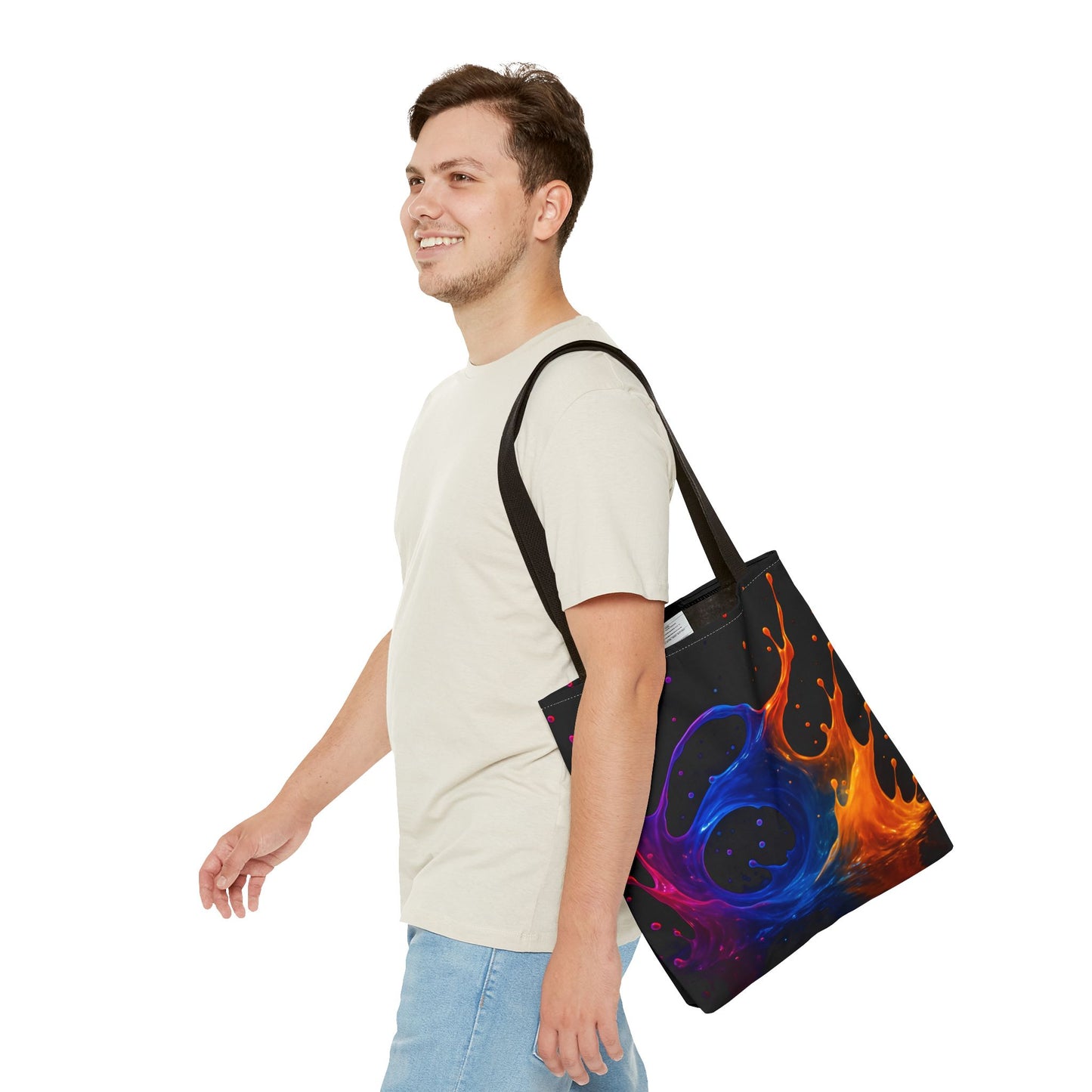Elemental Fusion Tote Bag, Fire And Water Abstract Art Design, Vibrant Blue And Orange Splash Reusable Tote For Artists, Travel, And Everyday Use
