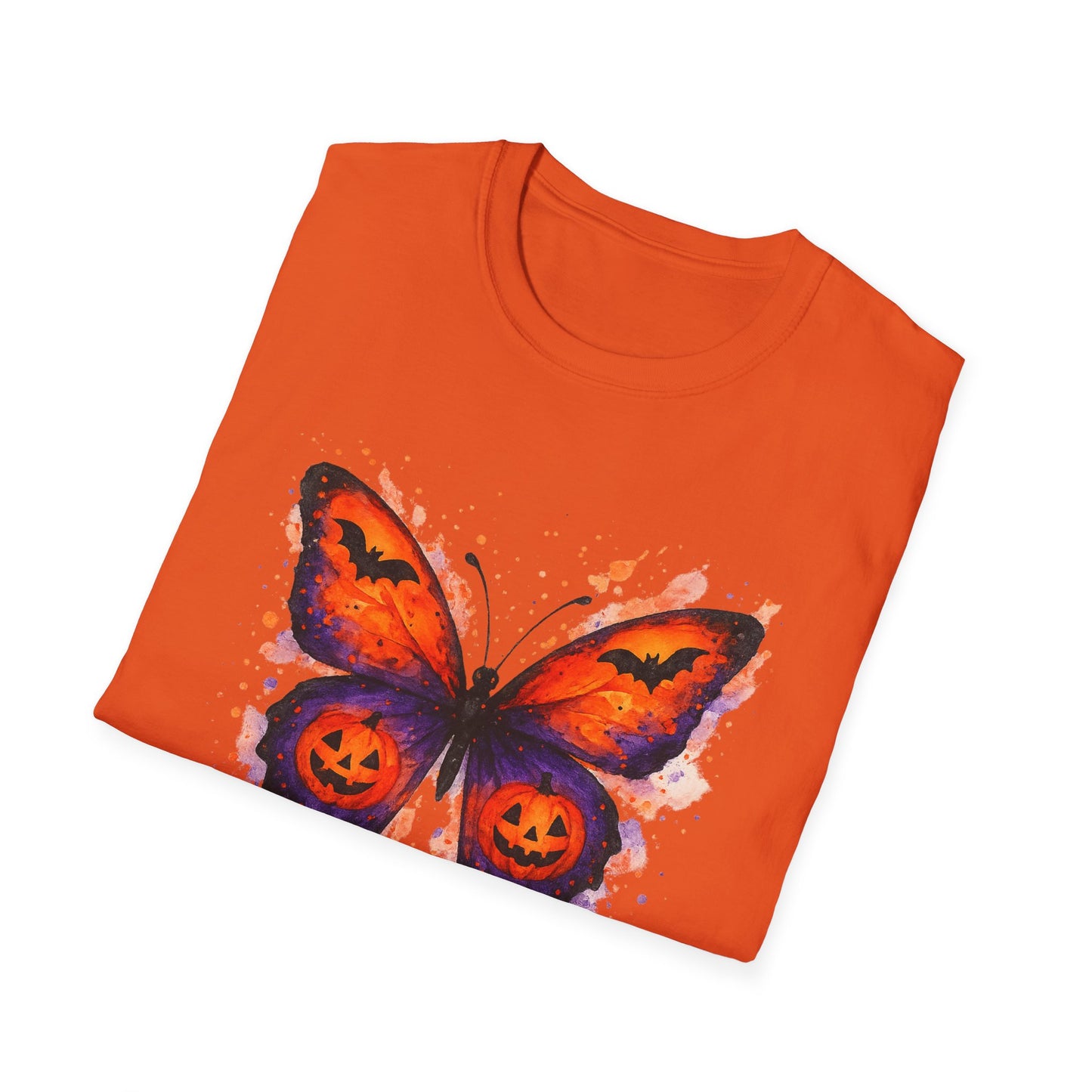 Halloween Watercolor Butterfly T-Shirt - Pumpkin Butterfly Tee, Spooky Butterfly Shirt, Bat and Jack-O'Lantern Wings, Fall Aesthetic Tee