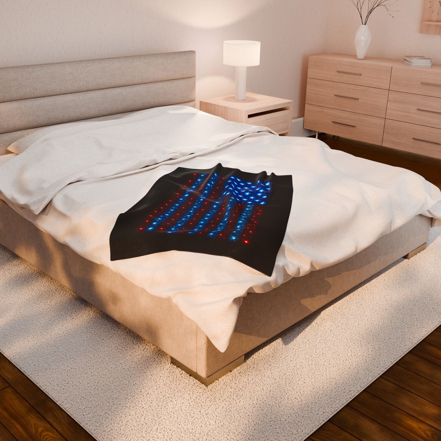 Starry Bioluminescent USA Flag Plush Blanket - Velveteen Patriotic Throw - 4th July Cozy Home Decor - Modern Stars and Stripes Throw