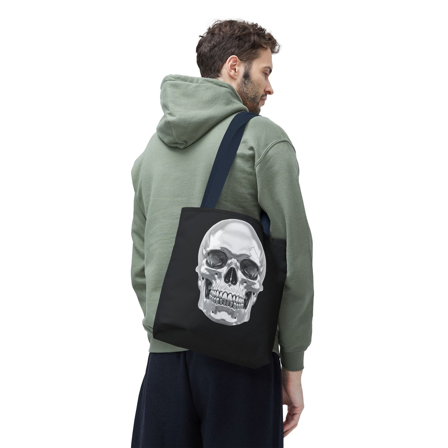 Chrome Skull Tote Bag, Gothic Halloween Canvas Tote, Metallic Skull Design Bag, Spooky Season Accessory, Skull Gift Tote For Horror Fans