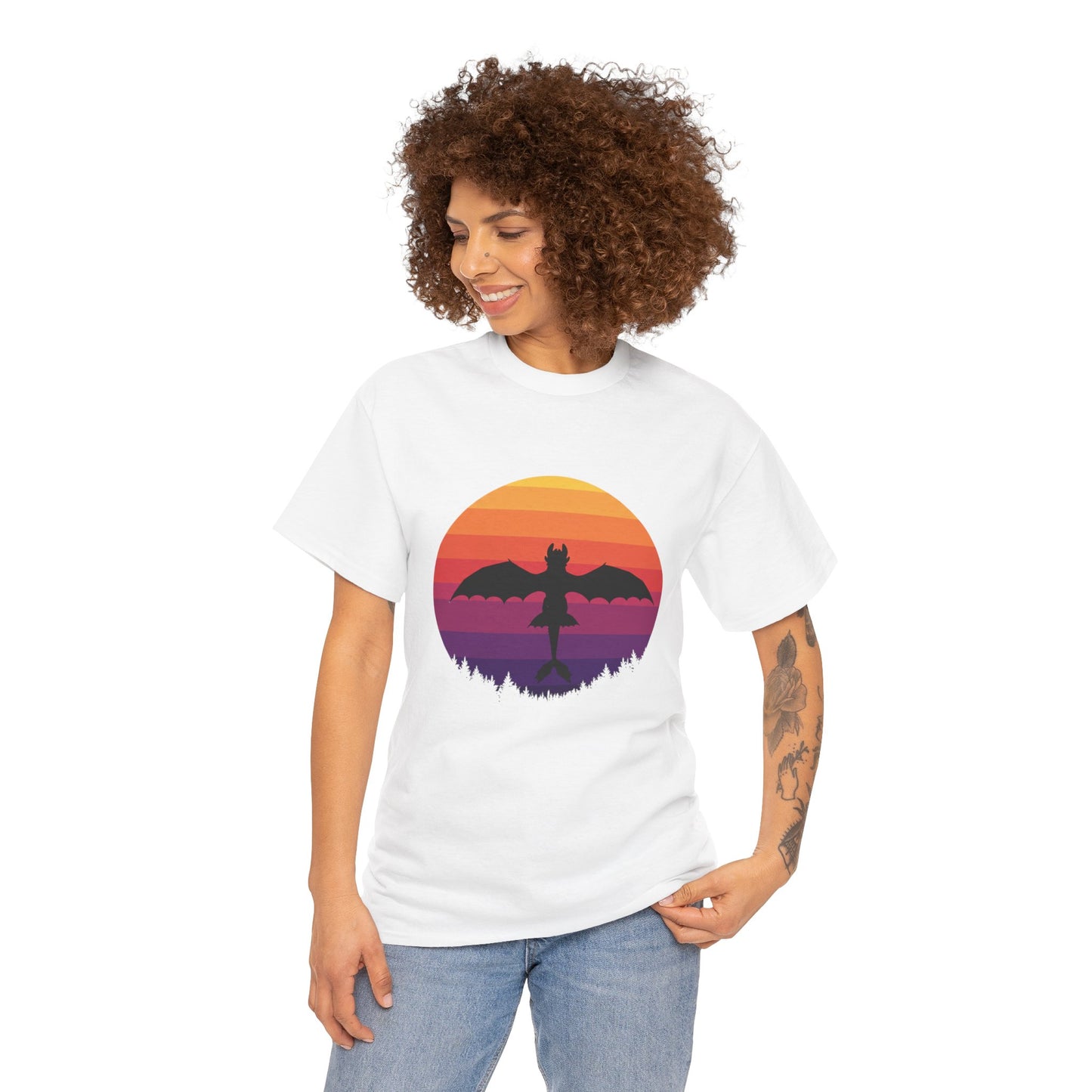 Night Dragon Sunset T-Shirt | Retro Dragon Silhouette Tee | Fantasy Dragon Shirt | Unisex Graphic Tee | Gift for Dragon Lovers