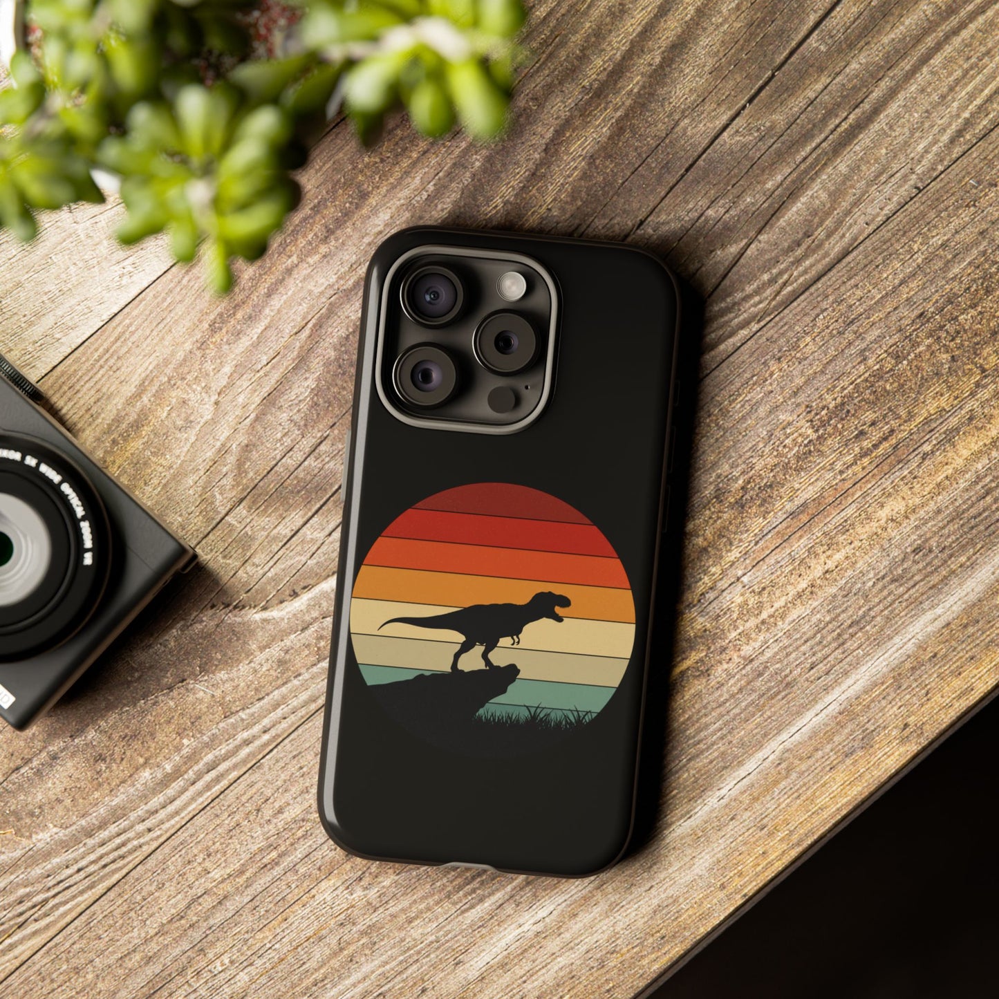 Retro Sunset Dinosaur iPhone Case | T‑Rex Silhouette Vintage Phone Cover for iPhone 14/15/16 Pro | Aesthetic Dinosaur Gift