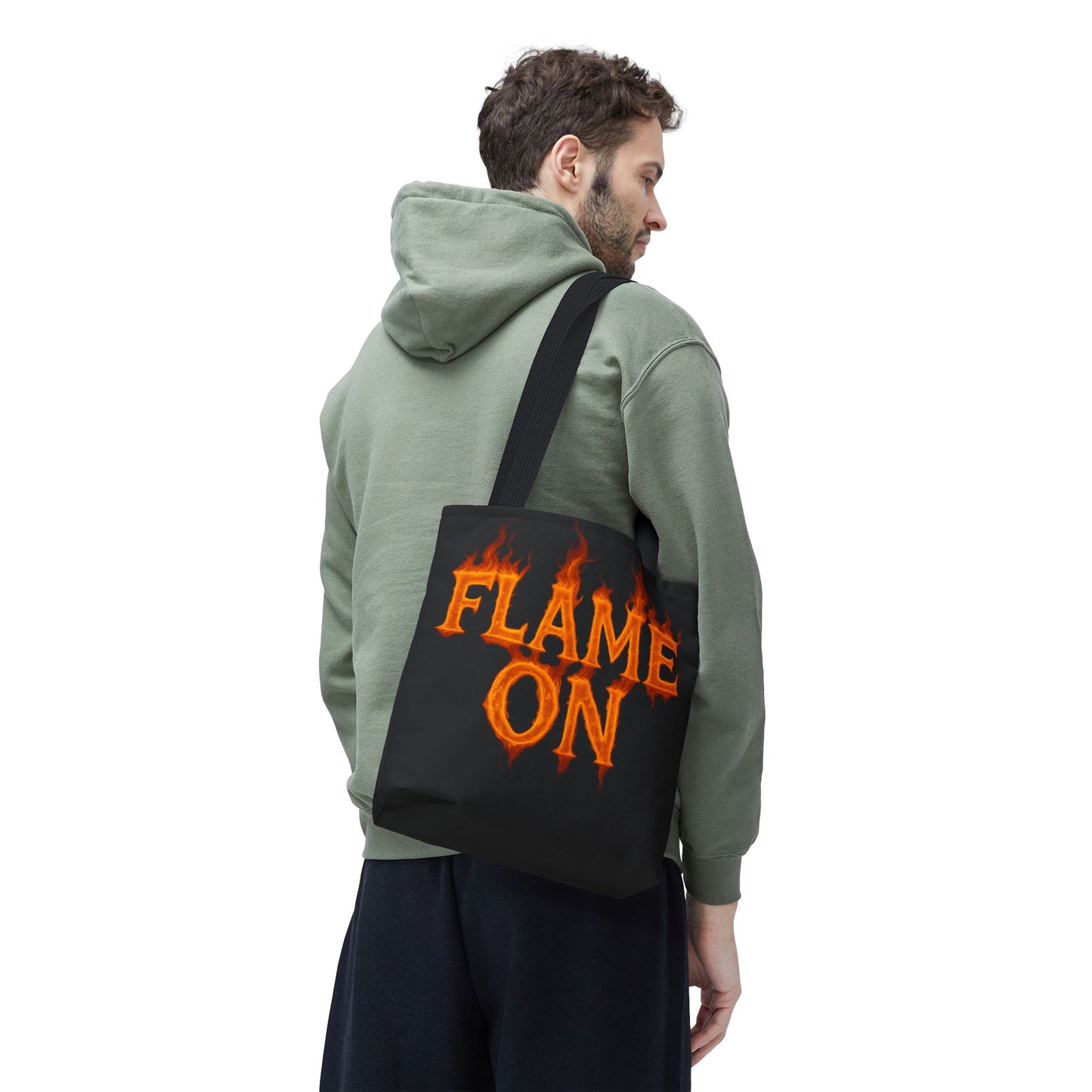 Flame On Tote Bag - Fire Typography Black Bag for Book Lovers, Gym, or Groceries | Bold Comic-Inspired Catchphrase Tote