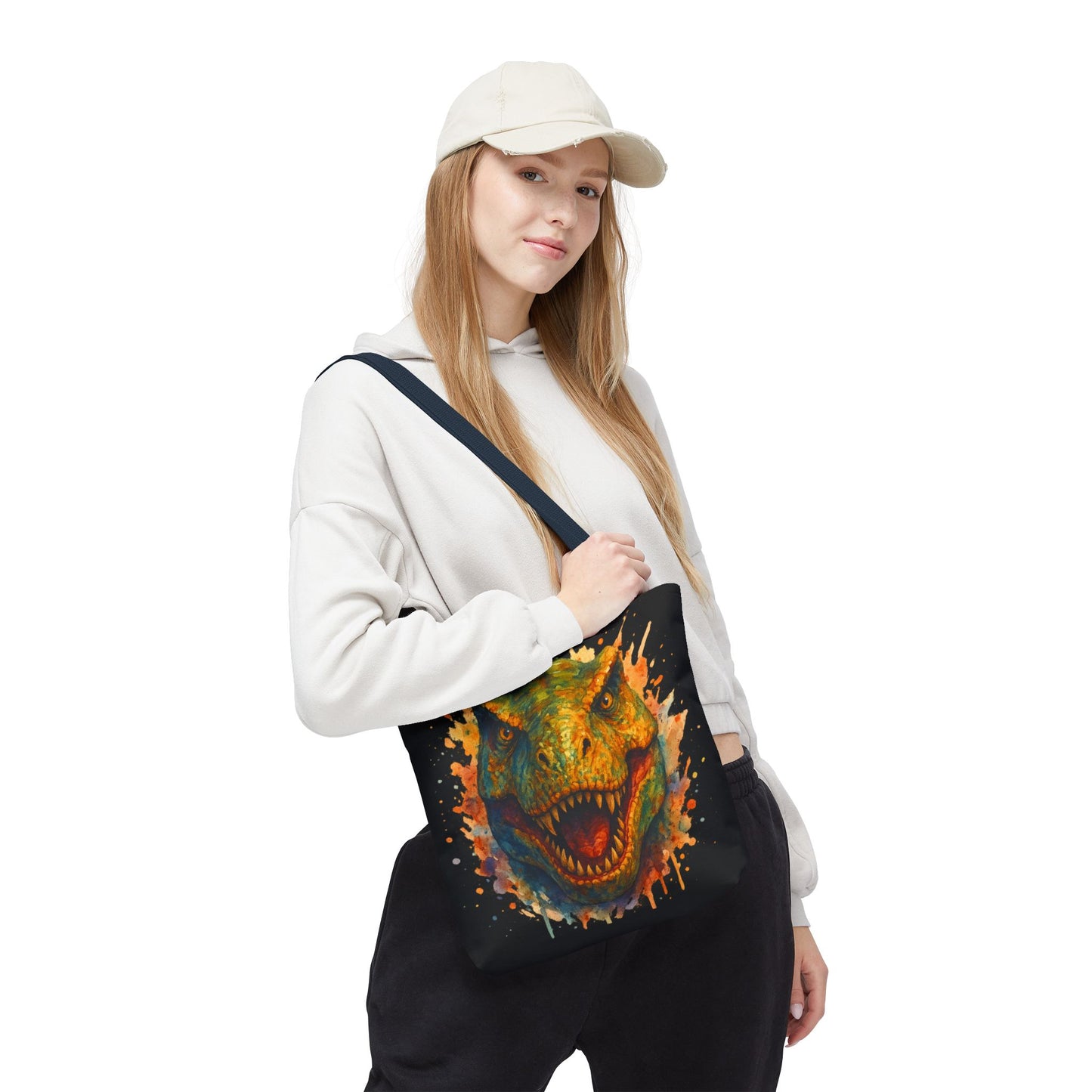 T-Rex Watercolor Tote Bag - 100% Polyester Canvas, Vibrant Dinosaur Art Bag, Reusable Beach-Market Tote, Dino Lover Gift, Bold Style