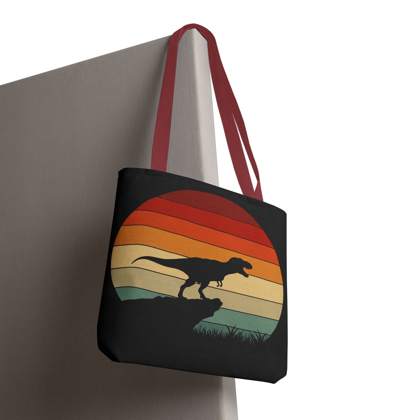 Retro Dinosaur Sunset Tote Bag | AOP Canvas Shopper - Eco Beach Bag for Dino Lovers and Kids, All-Over Print Summer Travel Gift