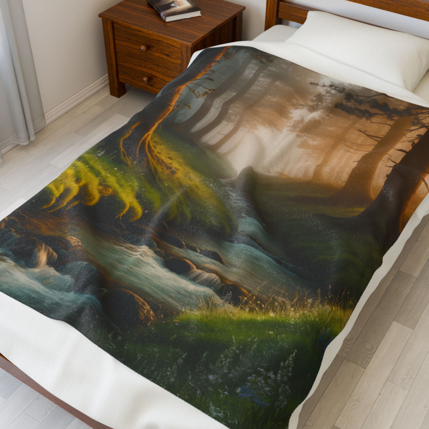 Serene Nature Velveteen Plush Blanket Cozy Décor for Home Nature Blanket Forest Throw with Stream