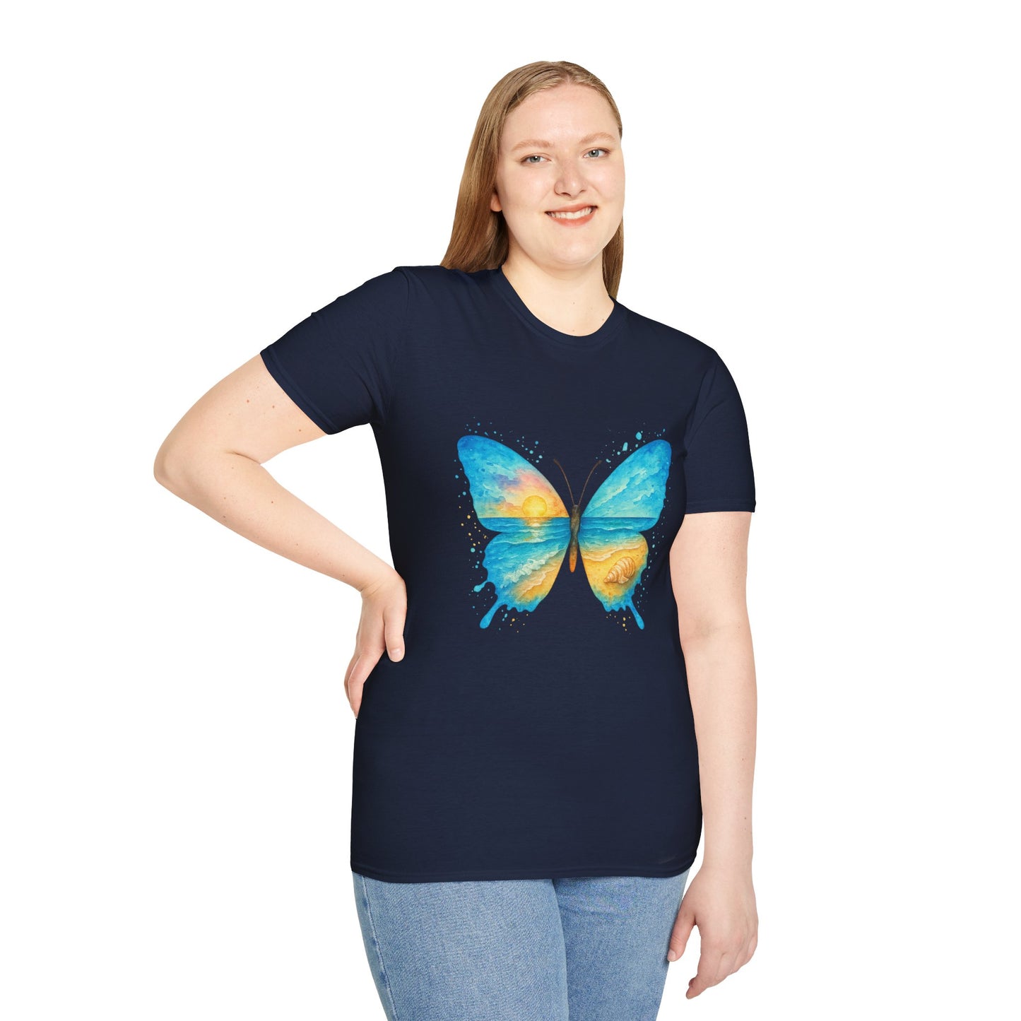 Butterfly Sunset Beach Tee - Scenic Butterfly Graphic Shirt, Nature Lover Gift, Boho Ocean Tee, Unisex Casual T-Shirt