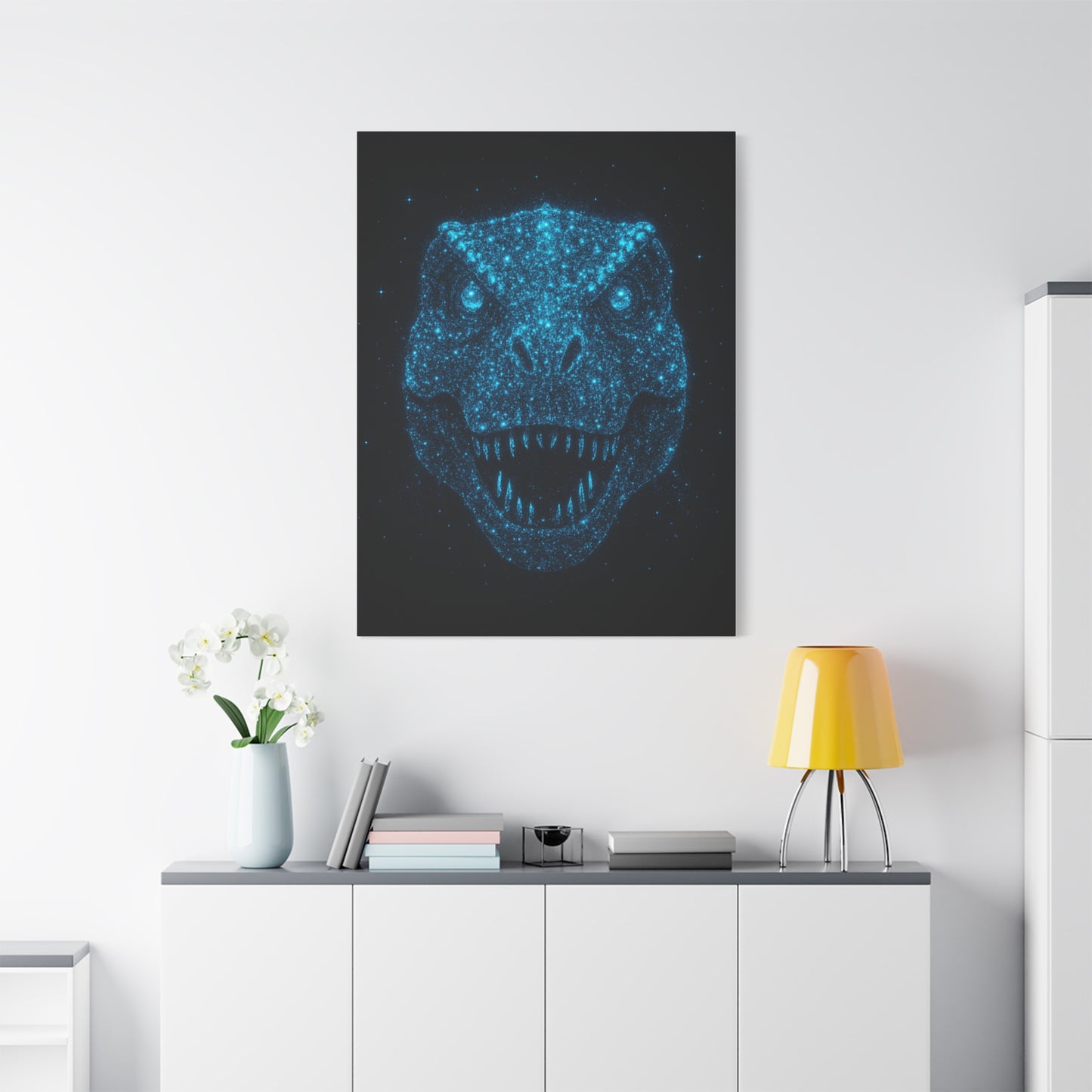 T-Rex Canvas Art - Blue Bioluminescent Particles Dinosaur Wall Decor, Modern Sci-Fi Bedroom Print, Kids and Adult Room Art Gift