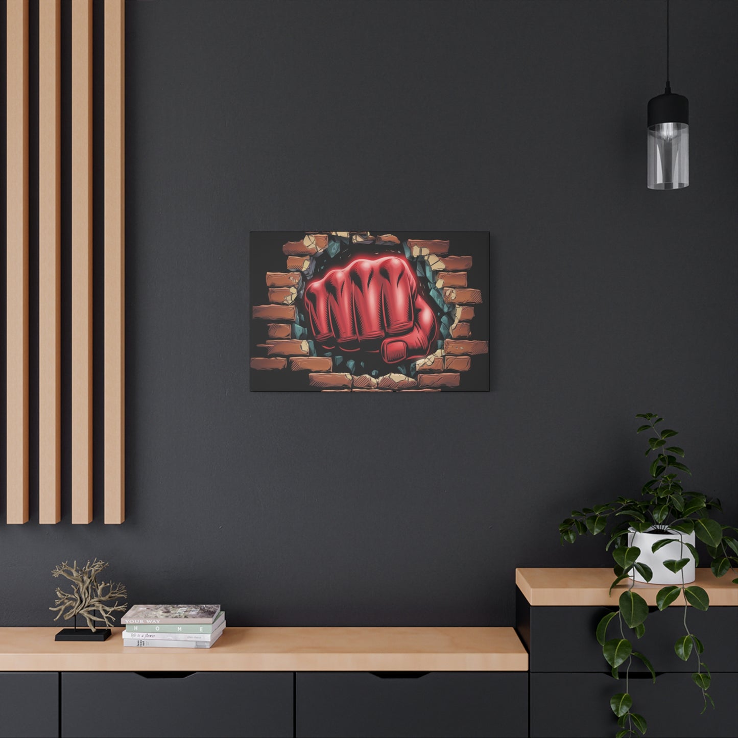 Canvas Wall Art - Red Fist Smashing Through Wall