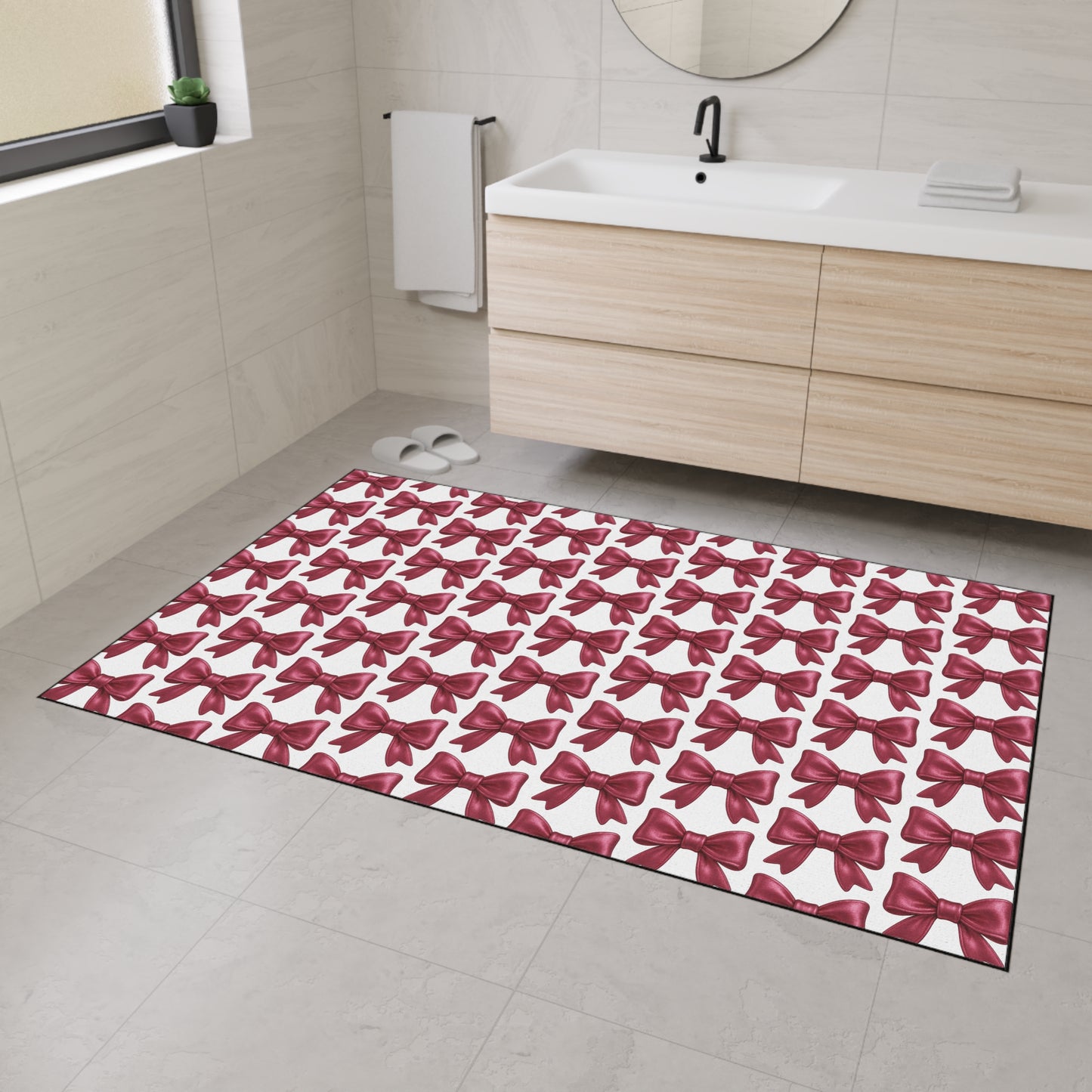 Pink Bow Doormat Cute Glam Entry Rug, Decorative Floor Mat with Repeating Bow Pattern, Girly Room or Holiday Decor