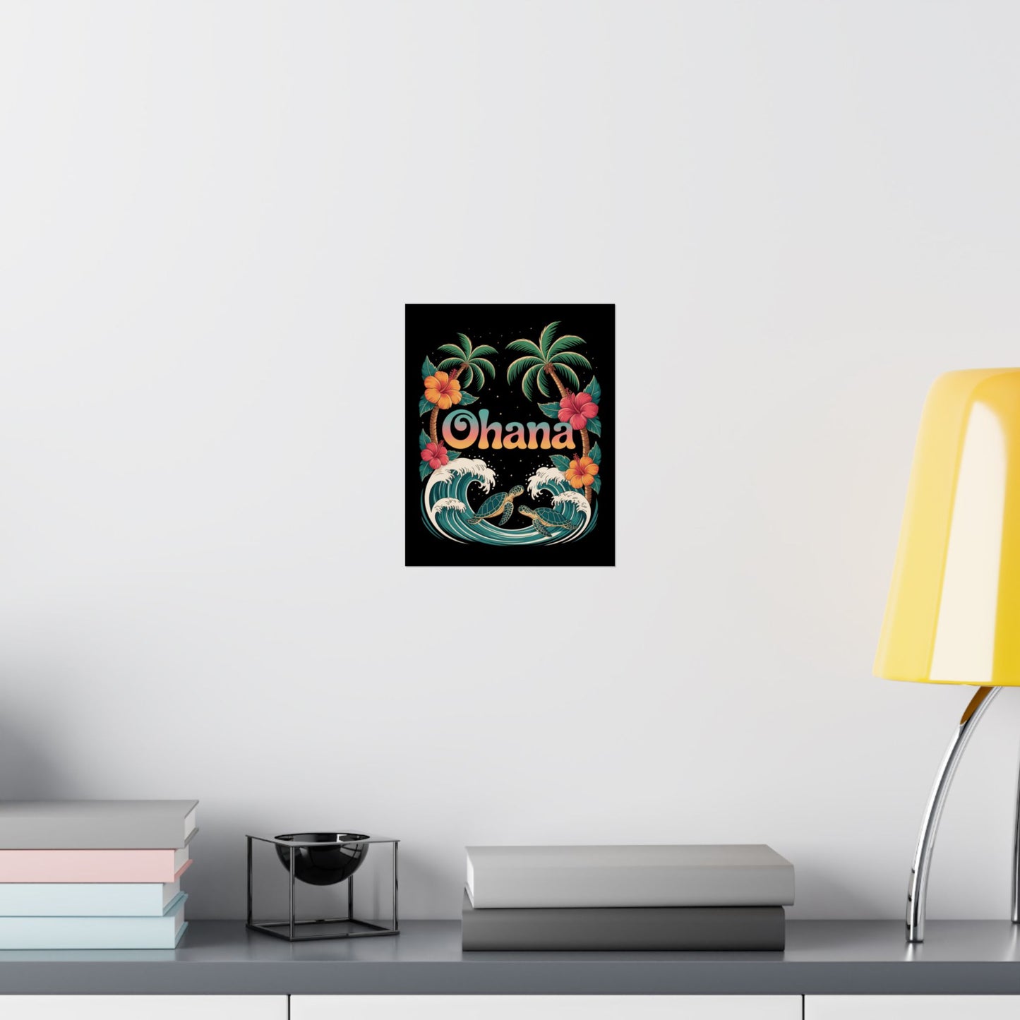 Ohana Hawaiian Wall Art - Tropical Beach Poster with Sea Turtles, Palm Trees & Hibiscus - Island Family Decor for Home or Office