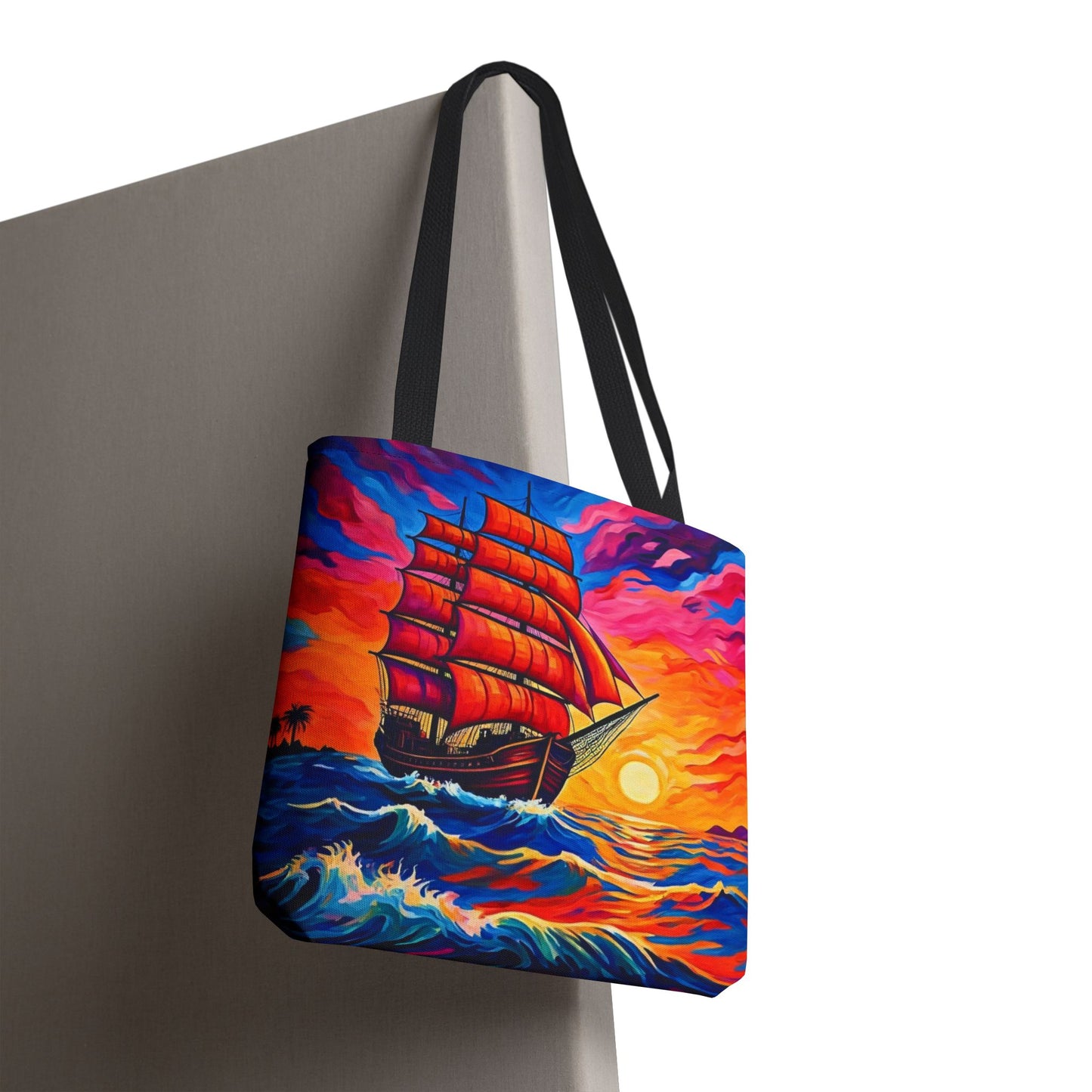 Crimson Voyage Tote Bag, Red Sailboat At Sunset Artistic Ocean Design, Nautical Reusable Tote For Beach, Travel, And Everyday Use