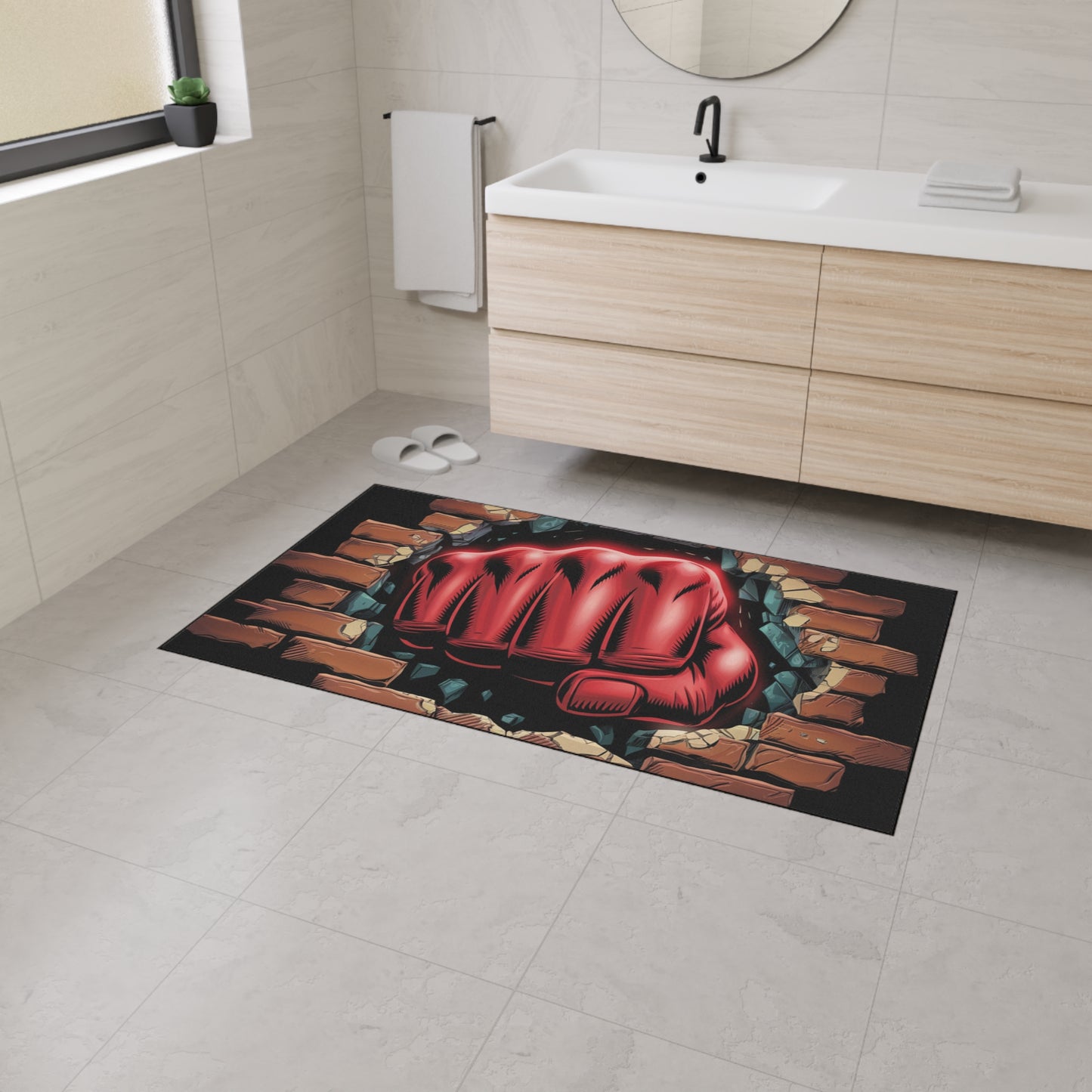 Floor Mat - Fun Red Fist Smashing Through Wall Design