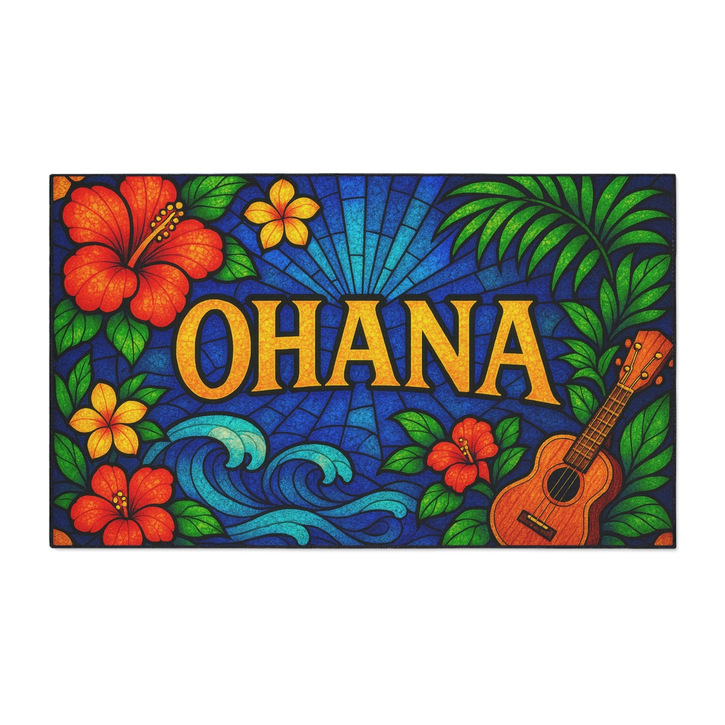 Ohana Welcome Mat - Tropical Hawaiian Rug for Entryway or Kitchen, Family Theme Doormat with Floral Aloha Vibes, Indoor Home Decor