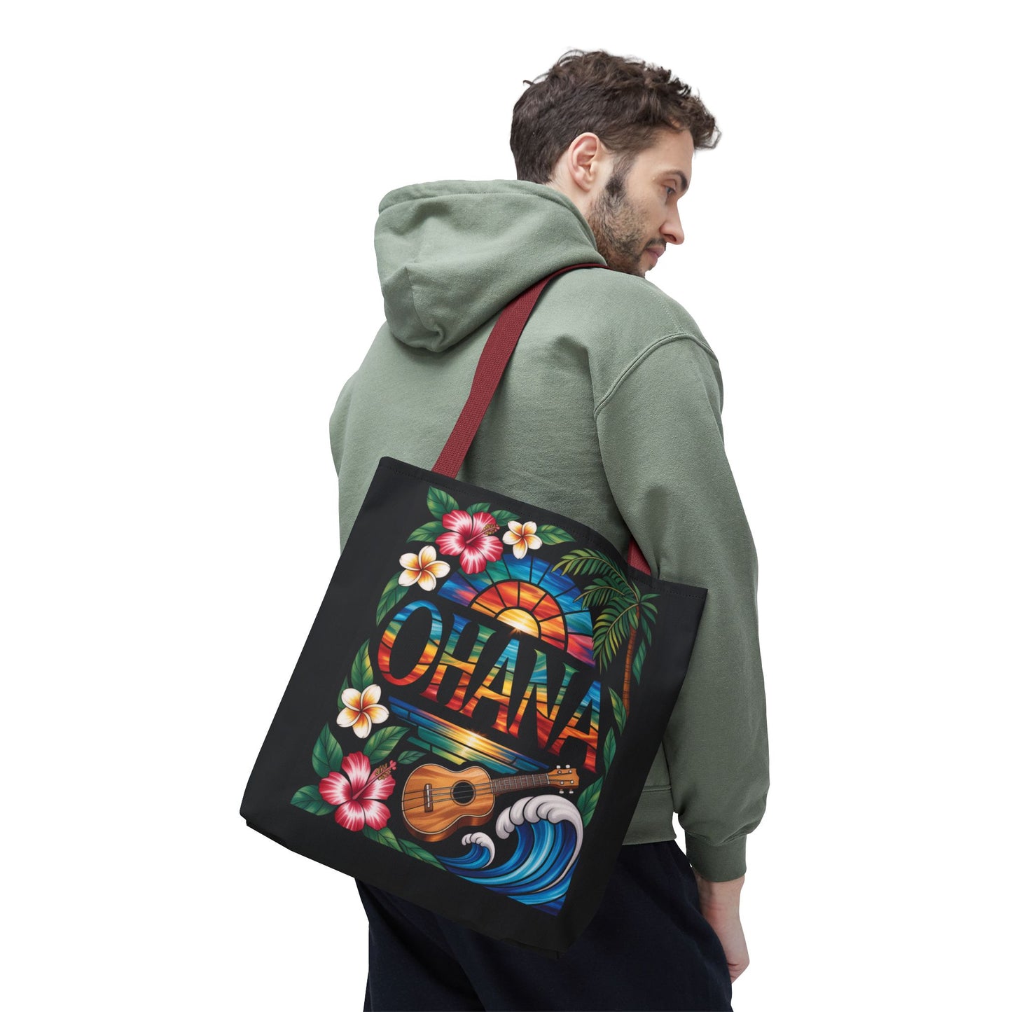 Ohana Tote Bag – Hawaiian Tropical Beach Bag with Ukulele, Sunset & Hibiscus Flowers, Island Gift for Women, Aloha Family Vibes