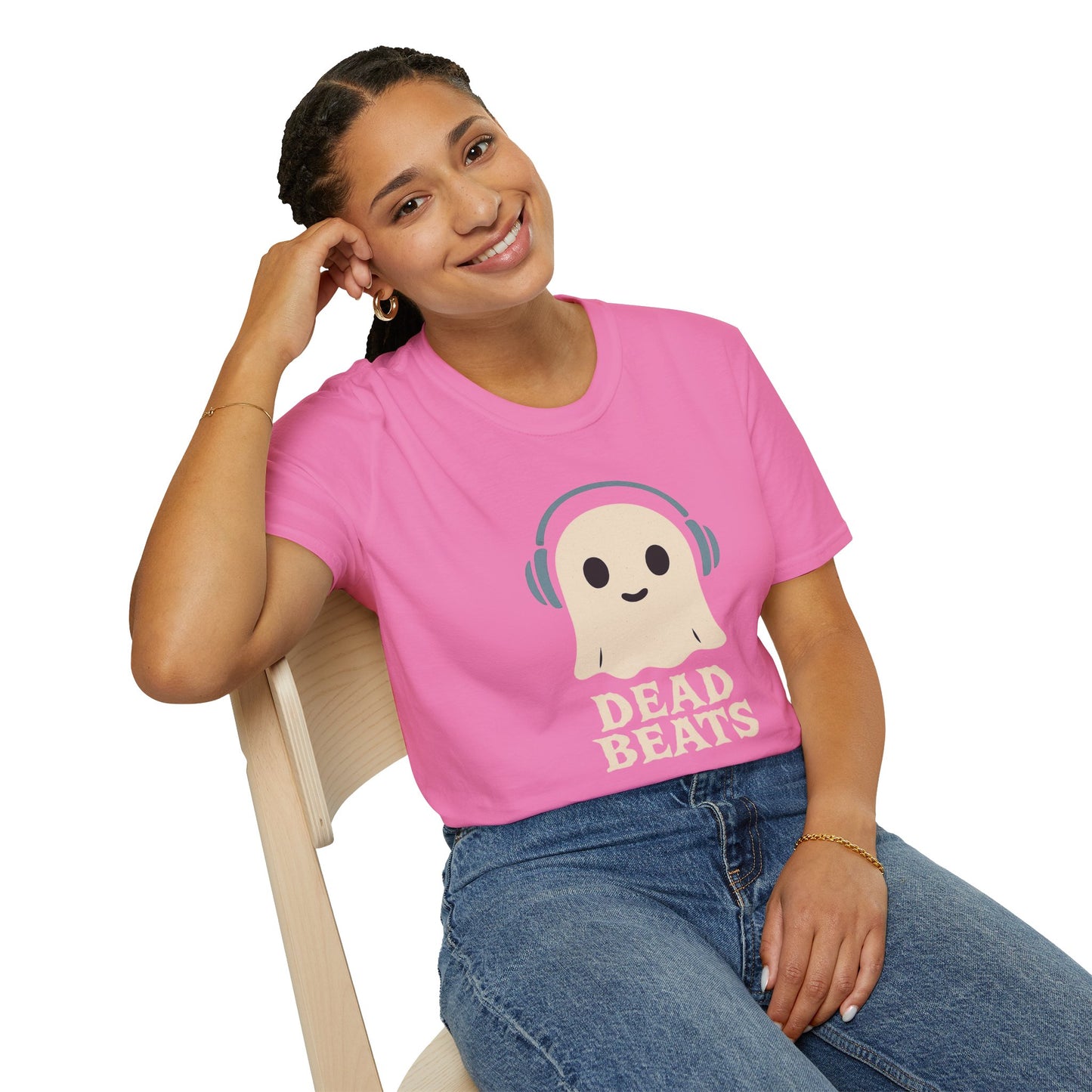 Dead Beats Ghost T-Shirt - Funny Music Halloween Shirt - Cute Ghost with Headphones Tee - Gift for DJs, Musicians and Spooky Season