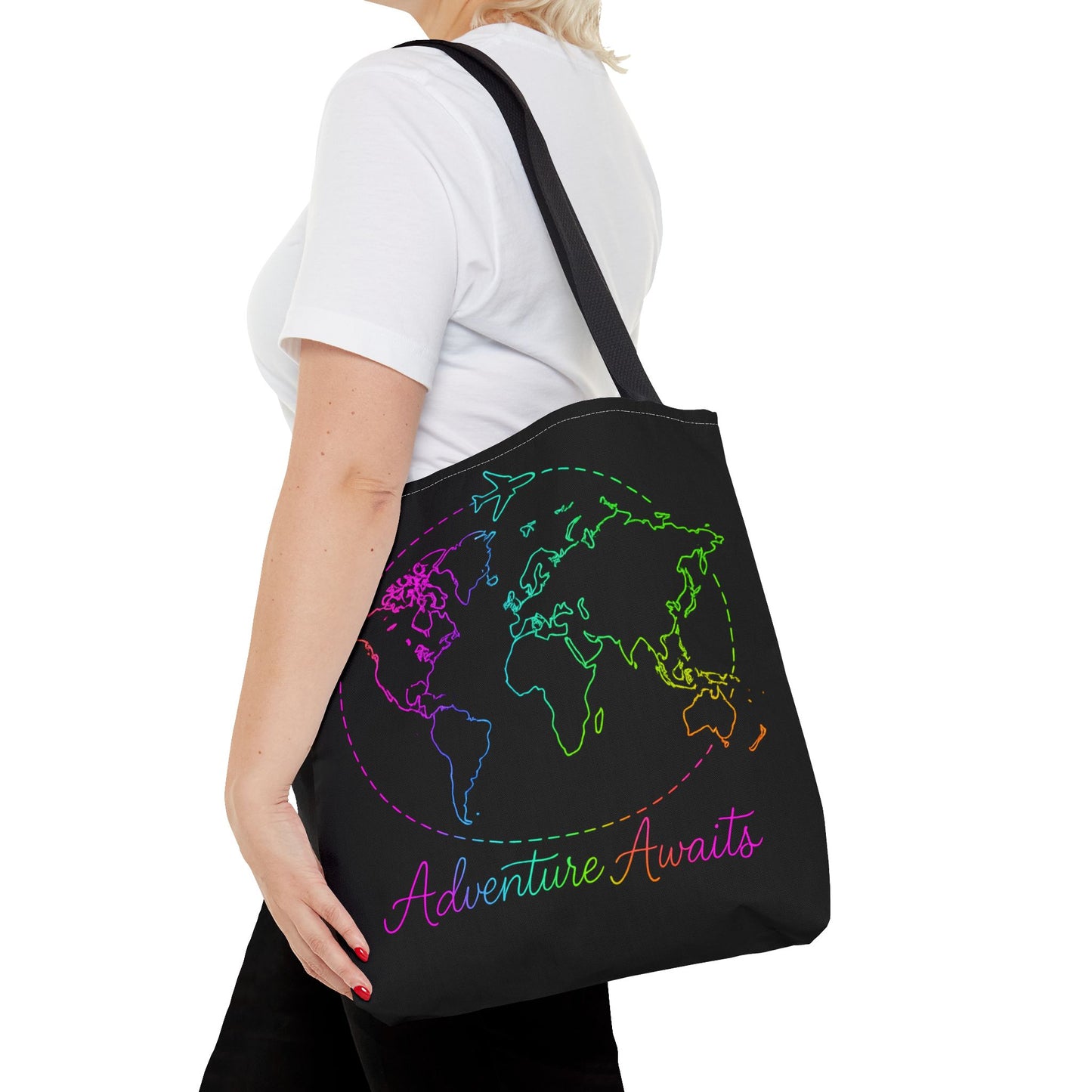Adventure Awaits Neon Tote Bag - Y2K Rainbow World Map and Plane Travel Tote, Reusable Canvas Tote for Airport, Beach, Market + Gift