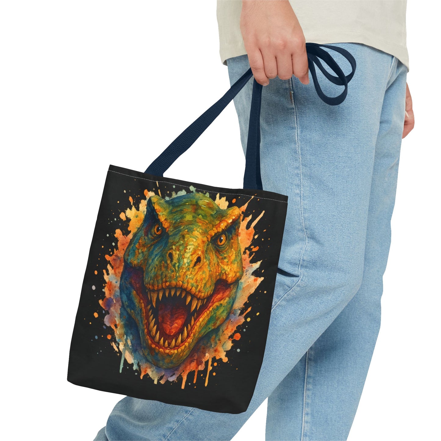 T-Rex Watercolor Tote Bag - 100% Polyester Canvas, Vibrant Dinosaur Art Bag, Reusable Beach-Market Tote, Dino Lover Gift, Bold Style