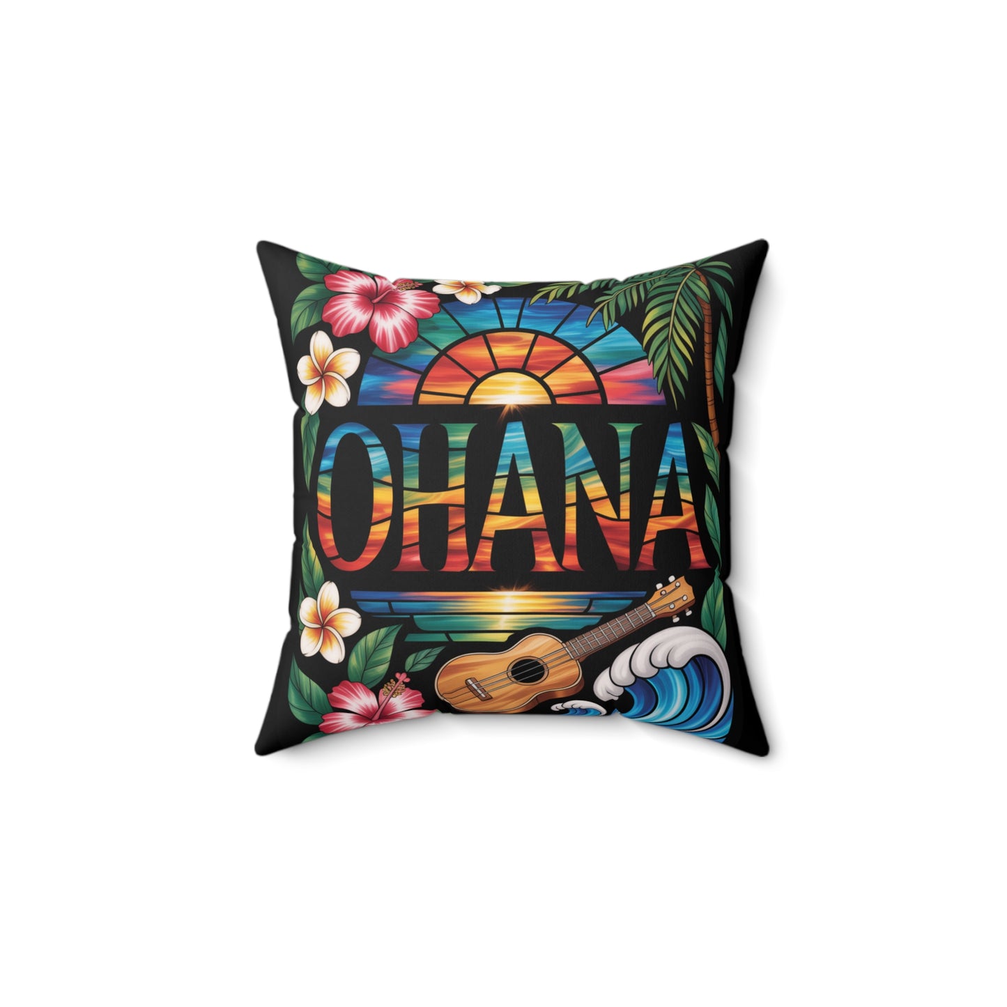 Ohana Throw Pillow – Hawaiian Sunset Cushion with Ukulele & Tropical Flowers, Aloha Decor, Beach House Accent, Family Gift, Island Living