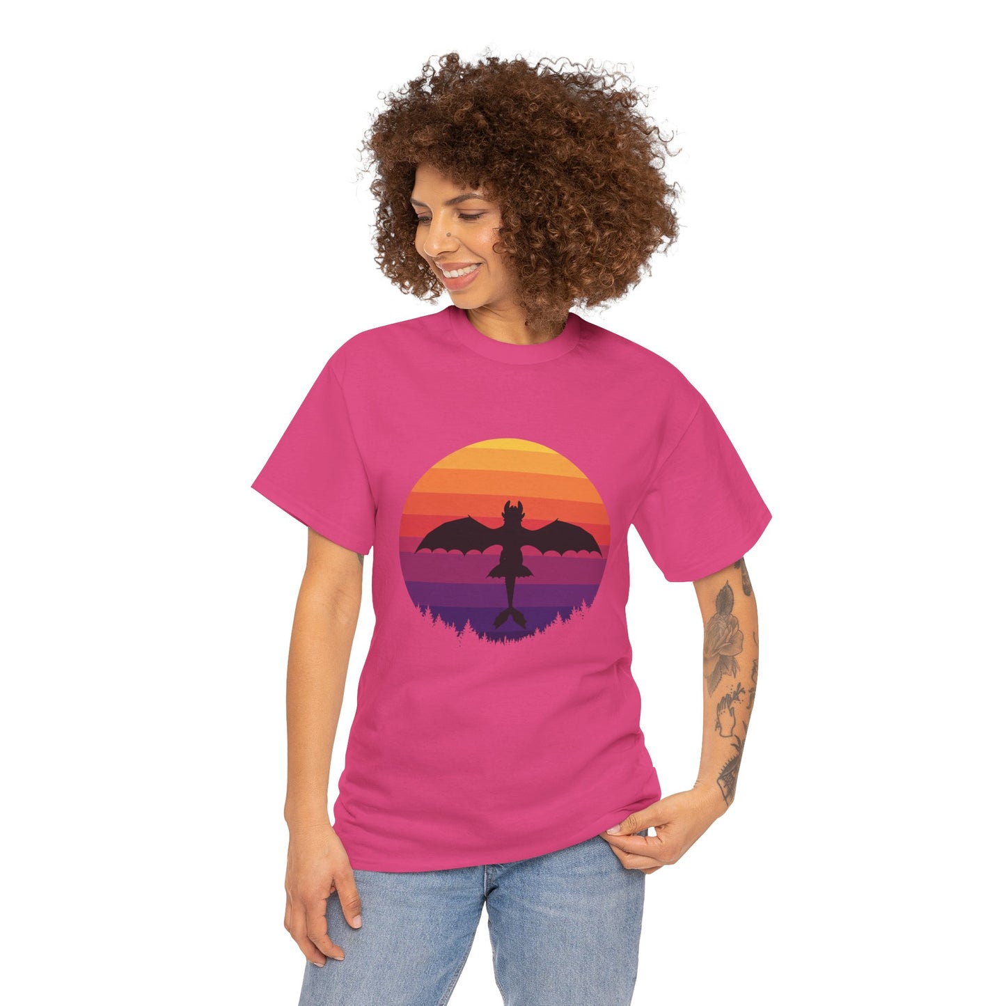 Night Dragon Sunset T-Shirt | Retro Dragon Silhouette Tee | Fantasy Dragon Shirt | Unisex Graphic Tee | Gift for Dragon Lovers