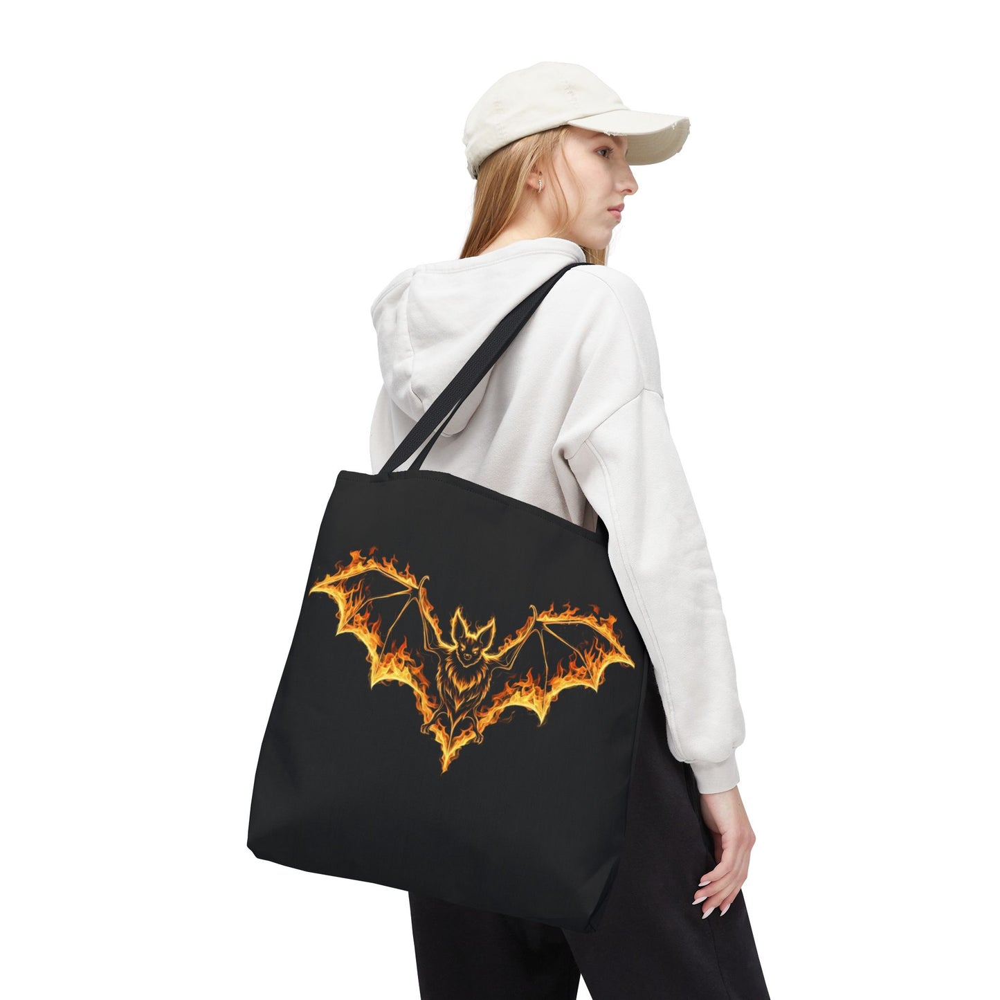 Flaming Bat Tote Bag, Gothic Halloween Canvas Tote, Fiery Wing Bat Design Tote, Spooky Season Accessory, Gothic Gift Tote