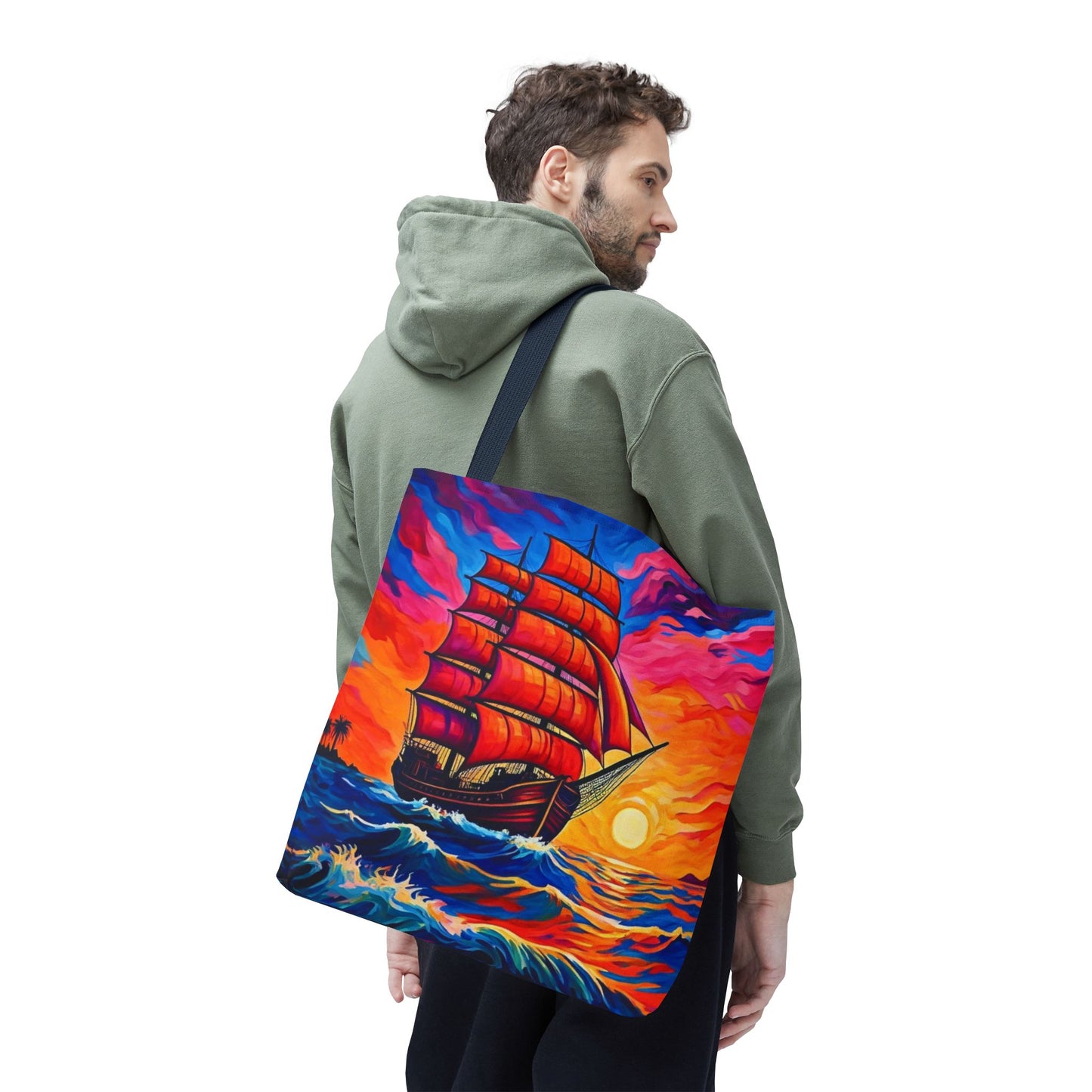 Crimson Voyage Tote Bag, Red Sailboat At Sunset Artistic Ocean Design, Nautical Reusable Tote For Beach, Travel, And Everyday Use