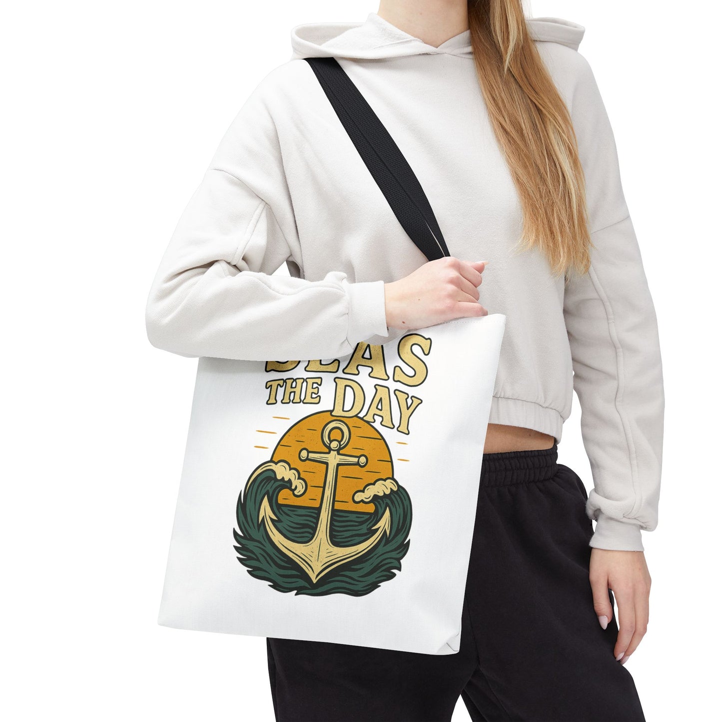 "Seas the Day" Nautical Tote Bag – Funny Beach Quote Canvas Bag with Anchor | Coastal Gift Idea for Summer, Travel, or Daily Use