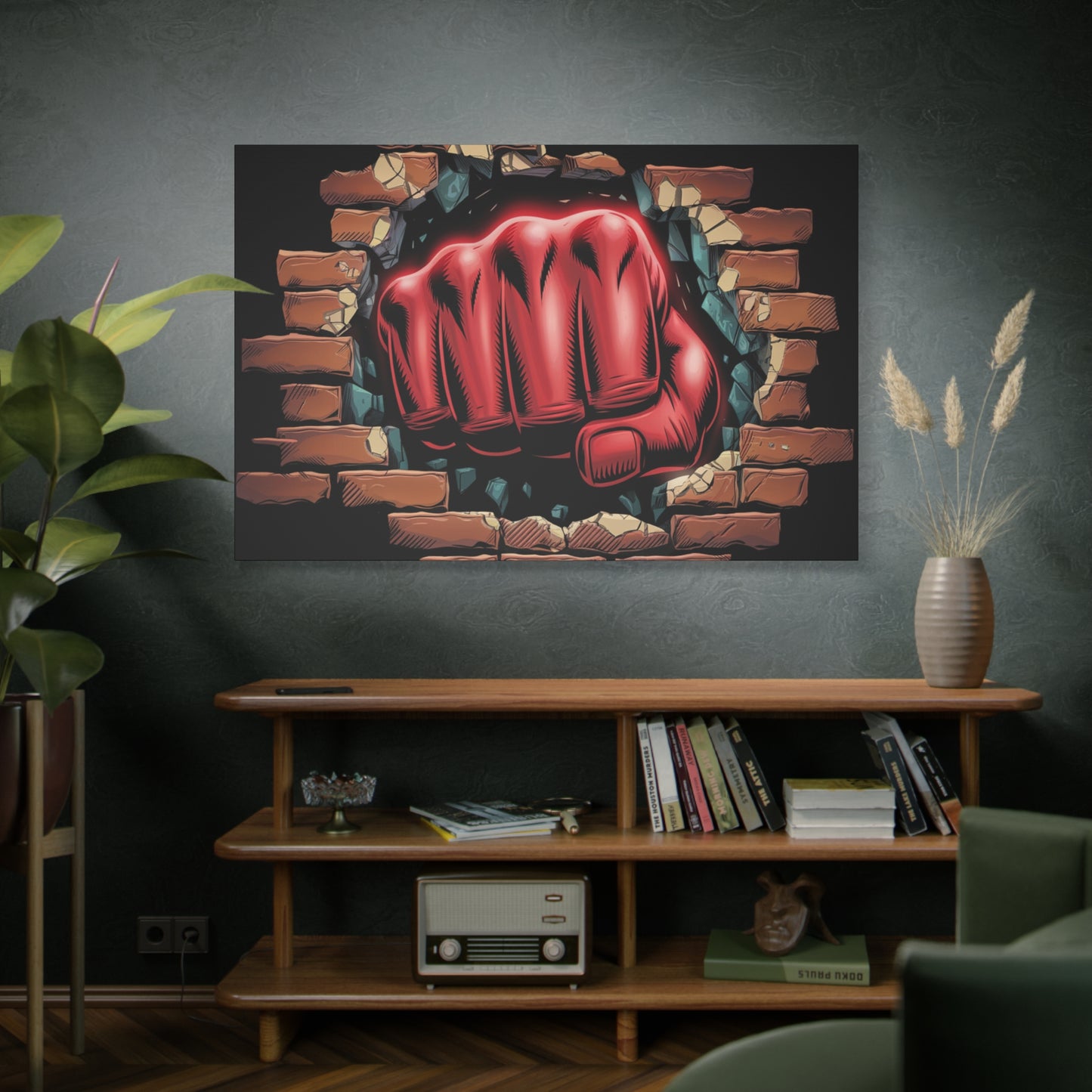 Canvas Wall Art - Red Fist Smashing Through Wall