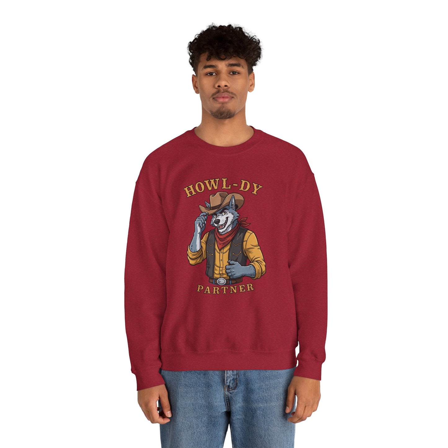 Howl-dy Partner Wolf Sweatshirt, Cowboy Werewolf Halloween Crewneck, Western Spooky Graphic Pullover for Animal Lover Gift Sweatshirt