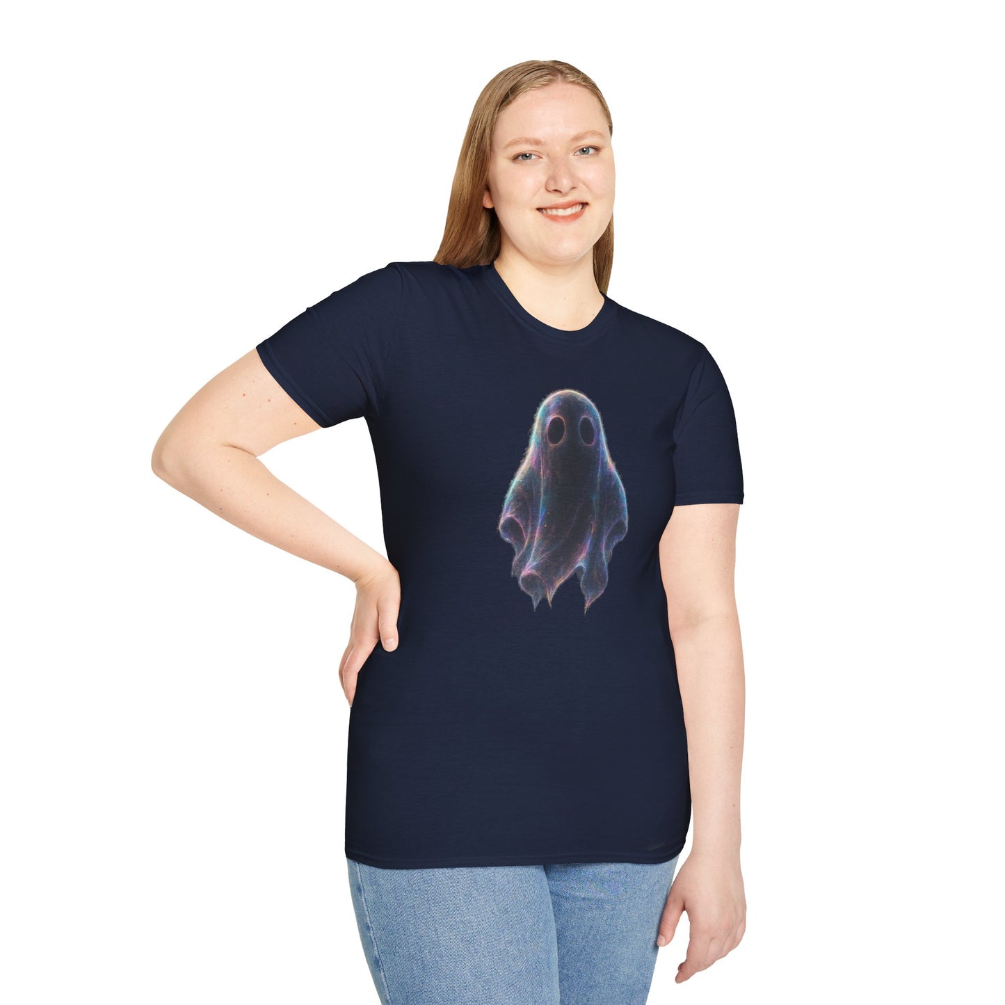 Ethereal Neon Ghost Tee - Iridescent Ghost Graphic T-Shirt, Spooky Aesthetic Halloween Shirt, Vibrant Vaporwave Ghost Tee for Fall