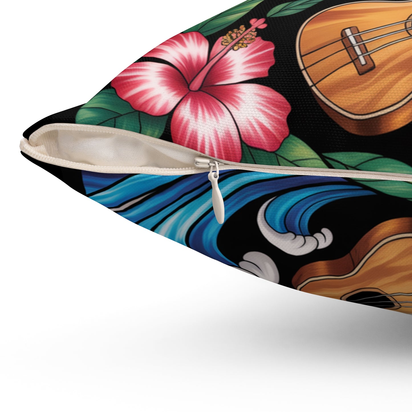 Ohana Throw Pillow – Hawaiian Sunset Cushion with Ukulele & Tropical Flowers, Aloha Decor, Beach House Accent, Family Gift, Island Living
