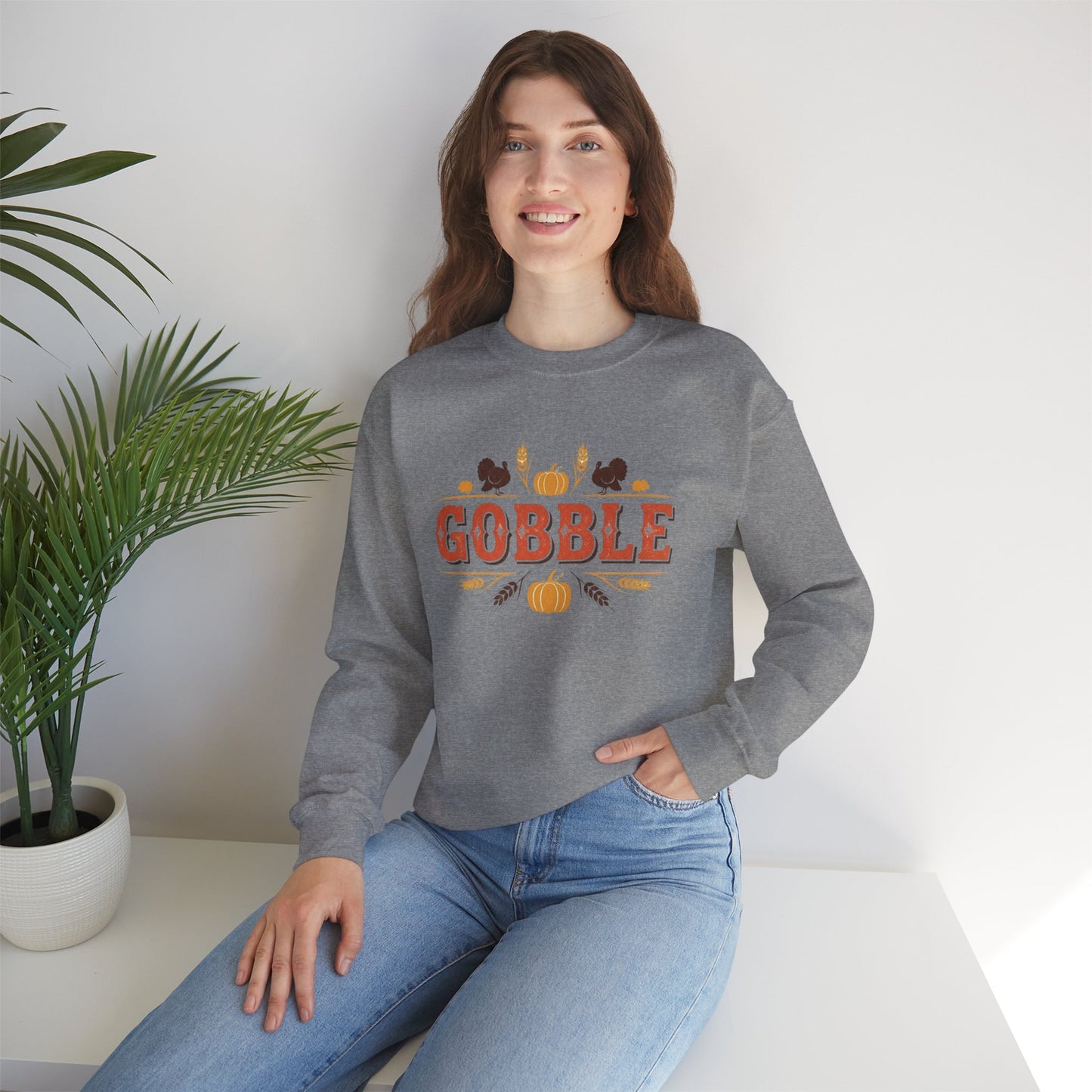 Gobble Thanksgiving Sweatshirt, Fall Pumpkin Turkey Shirt, Cozy Autumn Crewneck, Cute Gobble Pullover, Thanksgiving Dinner Outfit