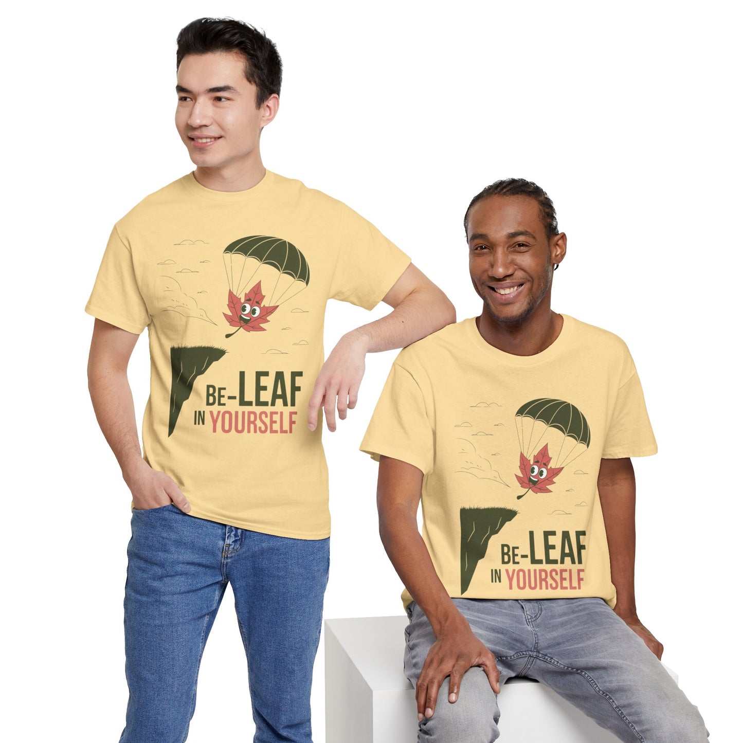 Be-Leaf In Yourself Maple Leaf Parachute T-Shirt | Funny Motivational Nature Graphic Tee | Self-Love Fall Autumn Shirt | Outdoorsy Gift