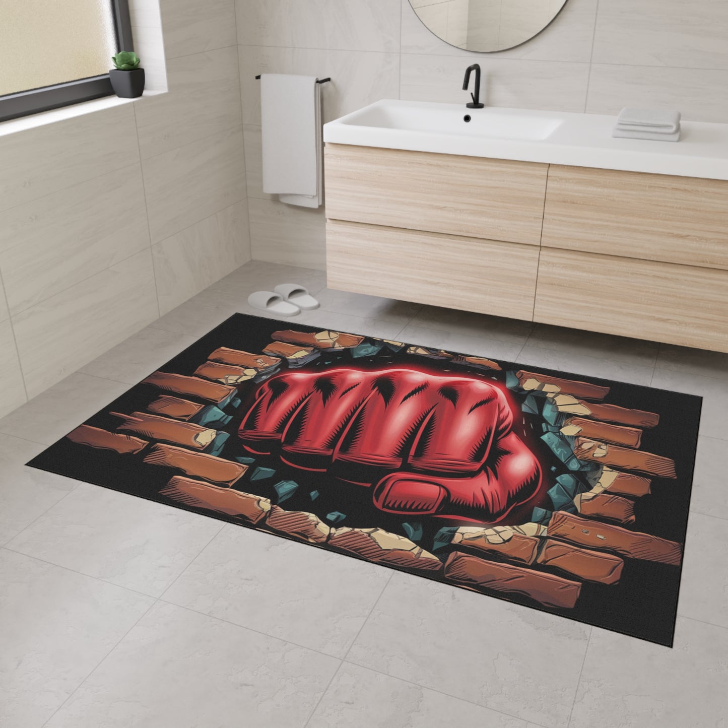 Floor Mat - Fun Red Fist Smashing Through Wall Design