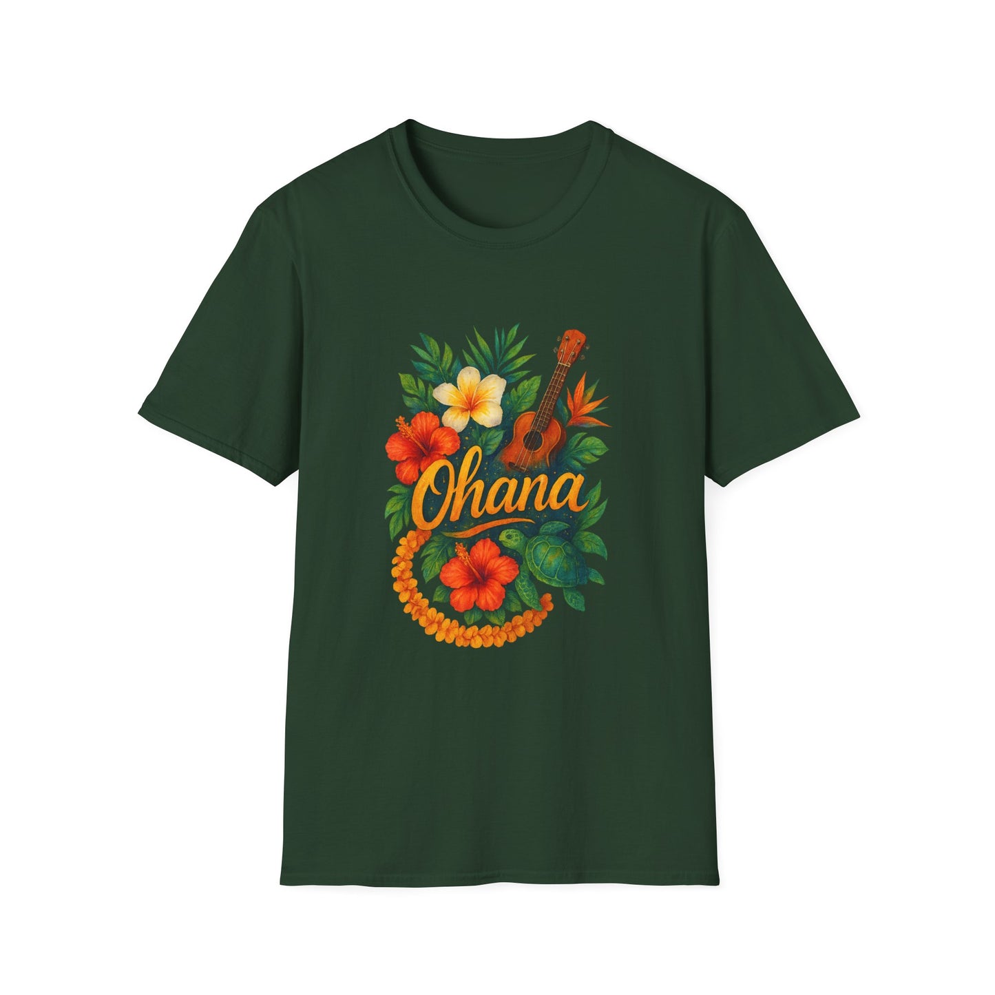 Ohana Hawaiian Shirt | Tropical Family T-Shirt | Luau Vacation Tee | Aloha Summer Shirt | Ukulele Turtle Floral Beach Gift